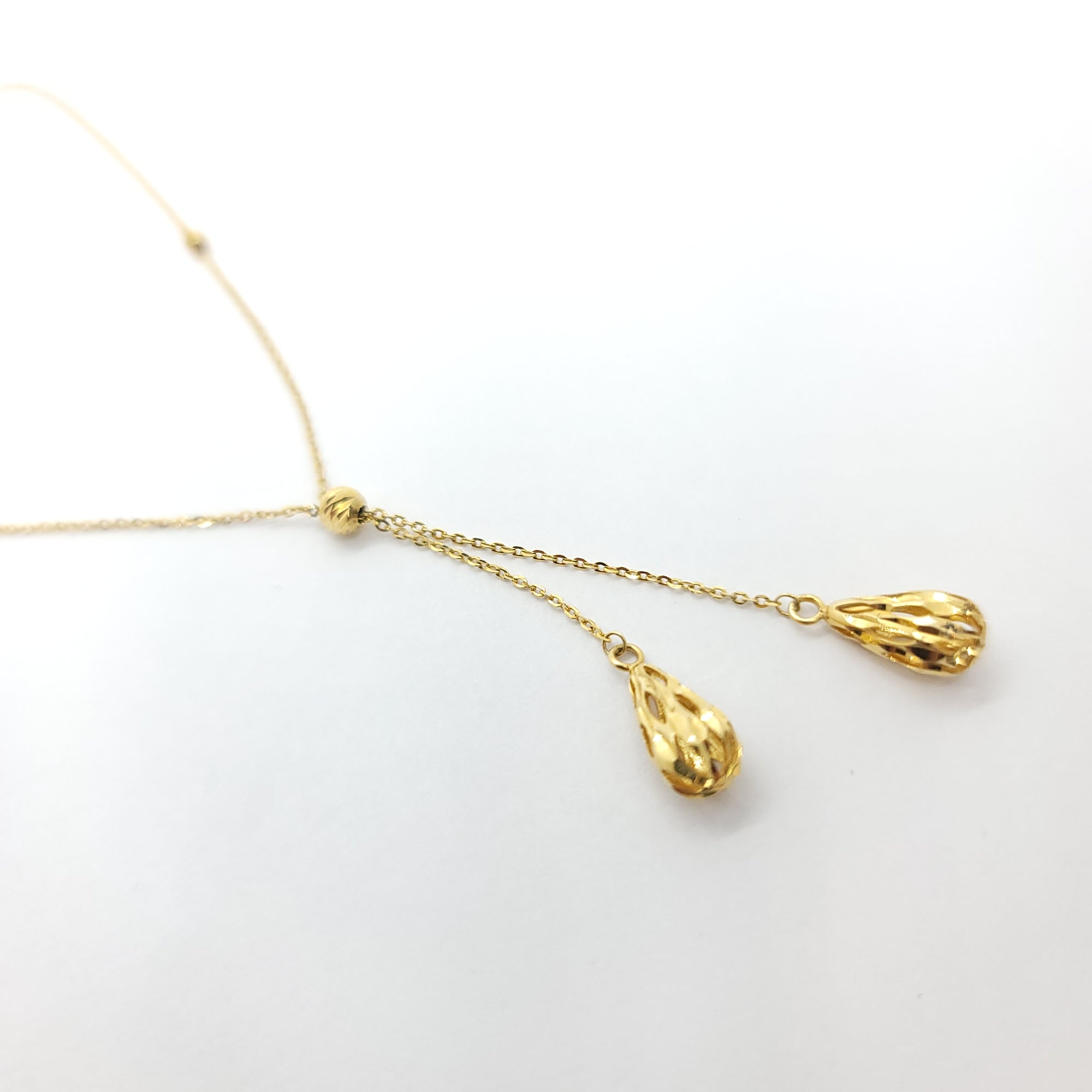 BEADED TEARDROP LARIAT 14K YELLOW GOLD NECKLACE