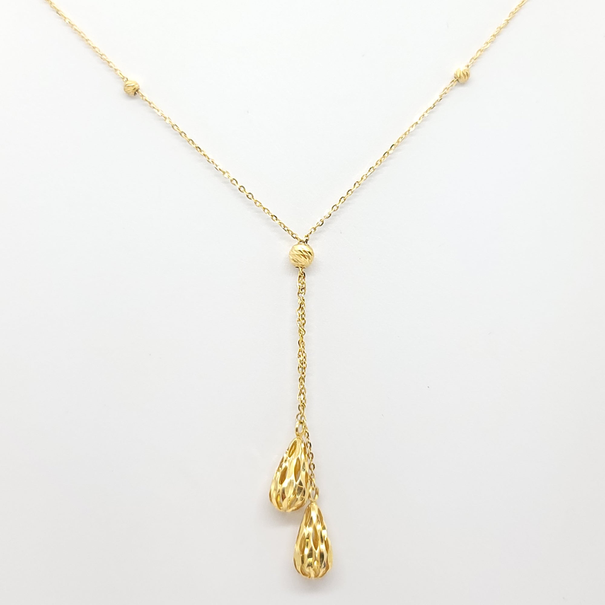 BEADED TEARDROP LARIAT 14K YELLOW GOLD NECKLACE