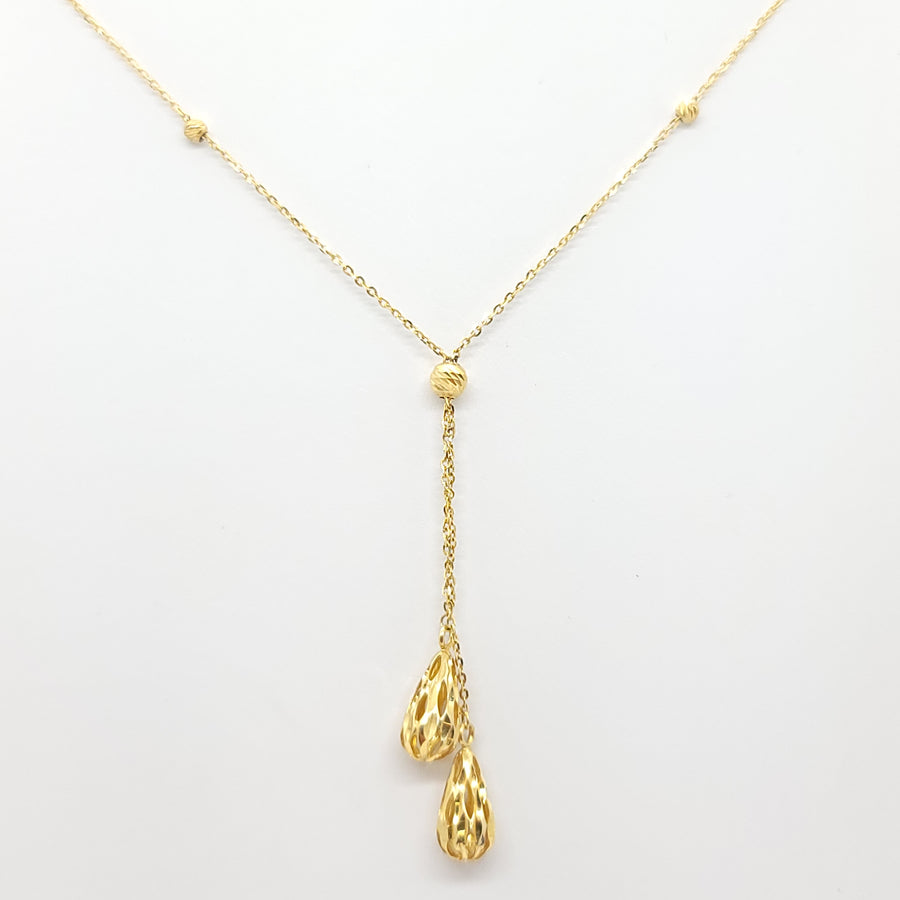 BEADED TEARDROP LARIAT 14K YELLOW GOLD NECKLACE