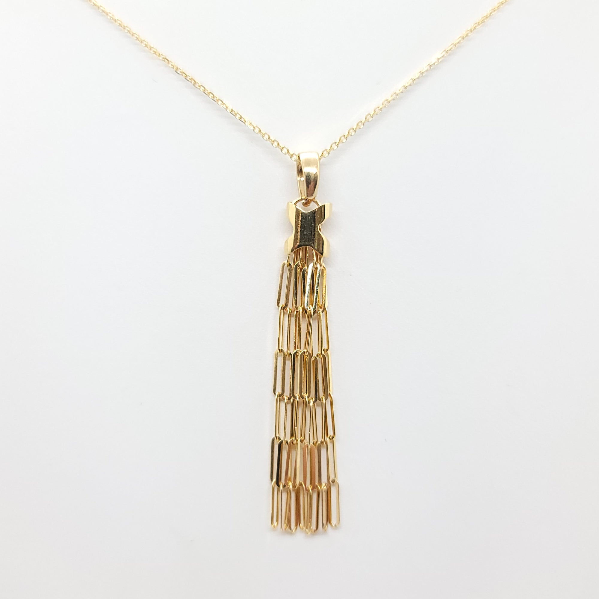 PAPER CLIP TASSEL 14K YELLOW GOLD NECKLACE CABLE CHAIN