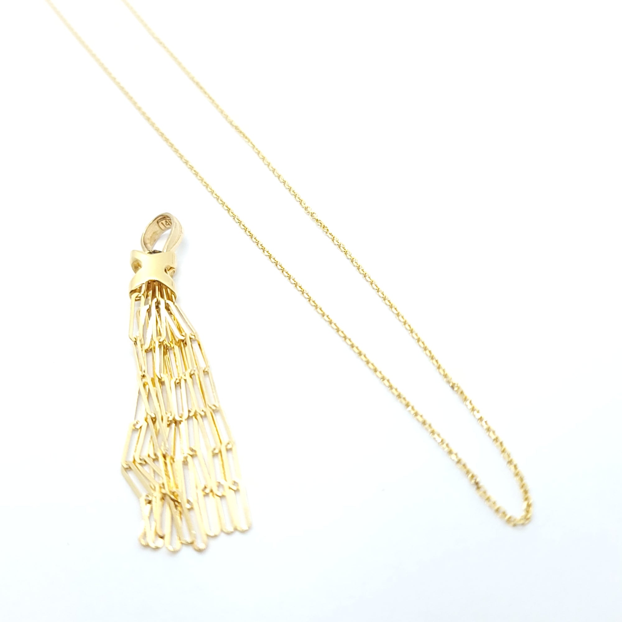 PAPER CLIP TASSEL 14K YELLOW GOLD NECKLACE CABLE CHAIN