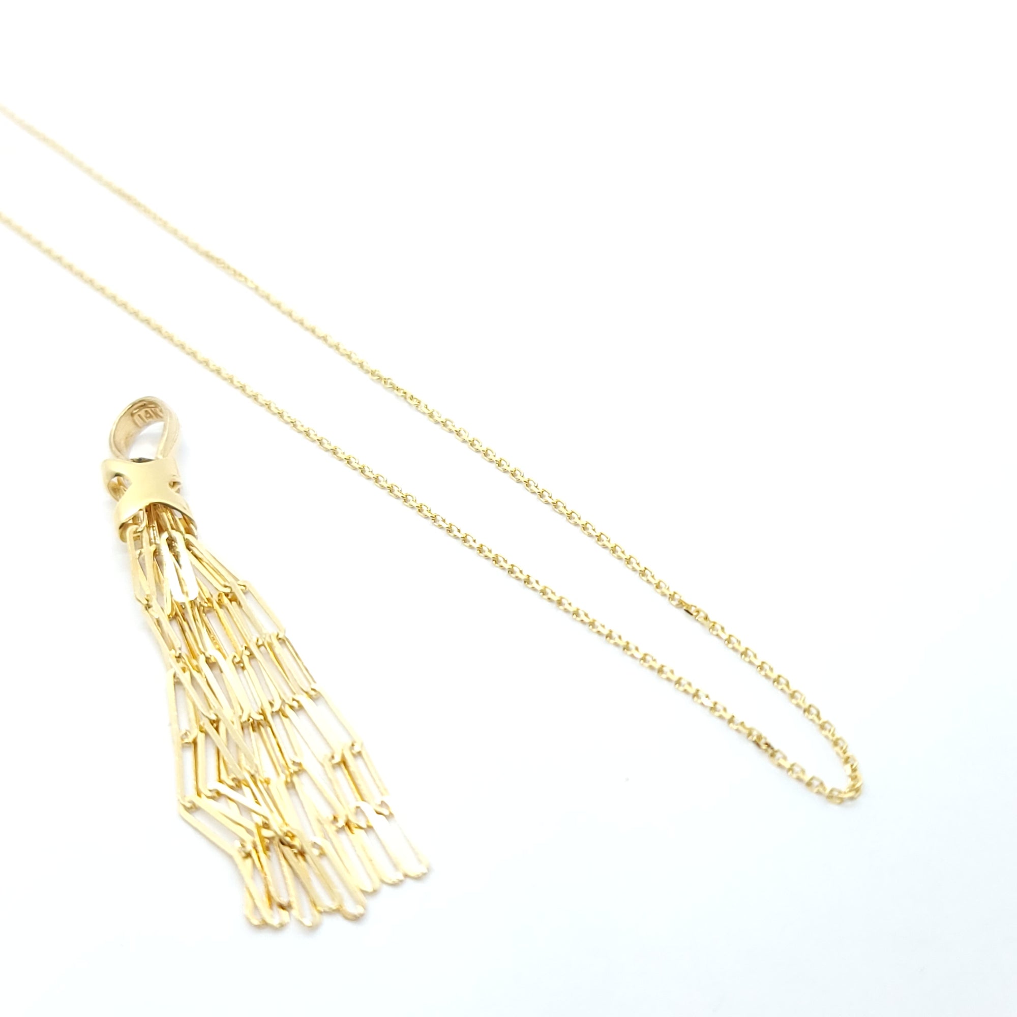 PAPER CLIP TASSEL 14K YELLOW GOLD NECKLACE CABLE CHAIN