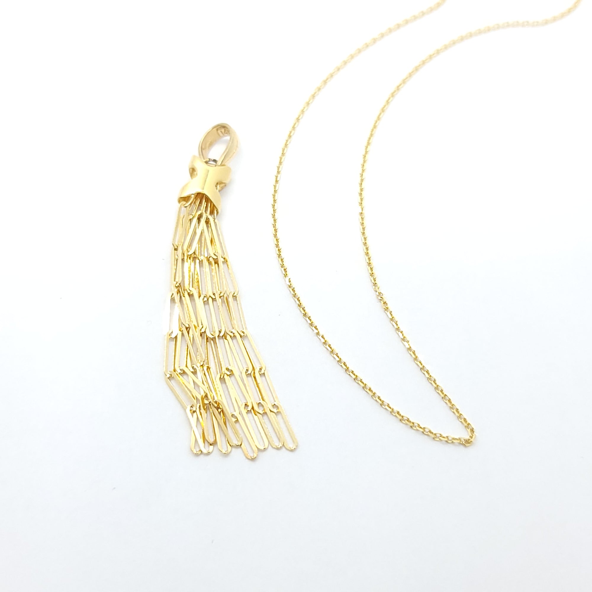 PAPER CLIP TASSEL 14K YELLOW GOLD NECKLACE CABLE CHAIN