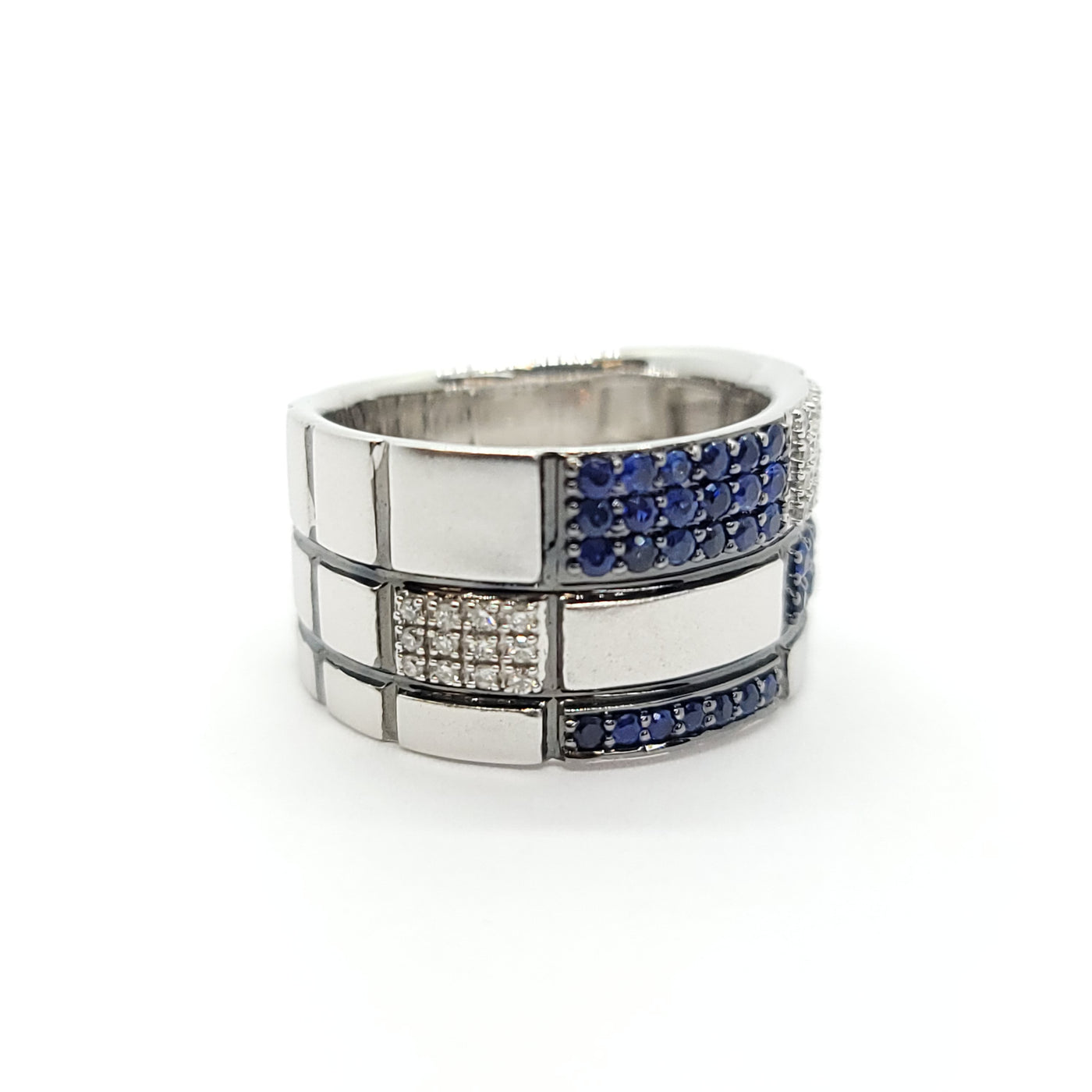 14k WHITE GOLD CEYLON SAPPHIRE & DIAMOND MODERN BAND RING