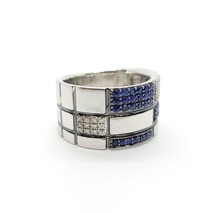 14k WHITE GOLD CEYLON SAPPHIRE & DIAMOND MODERN BAND RING