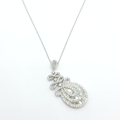 BOW DESIGN CLUSTER DIAMOND 14k WHITE GOLD BAGUETTE AND ROUND PENDANT WITH 14K WHITE GOLD CHAIN