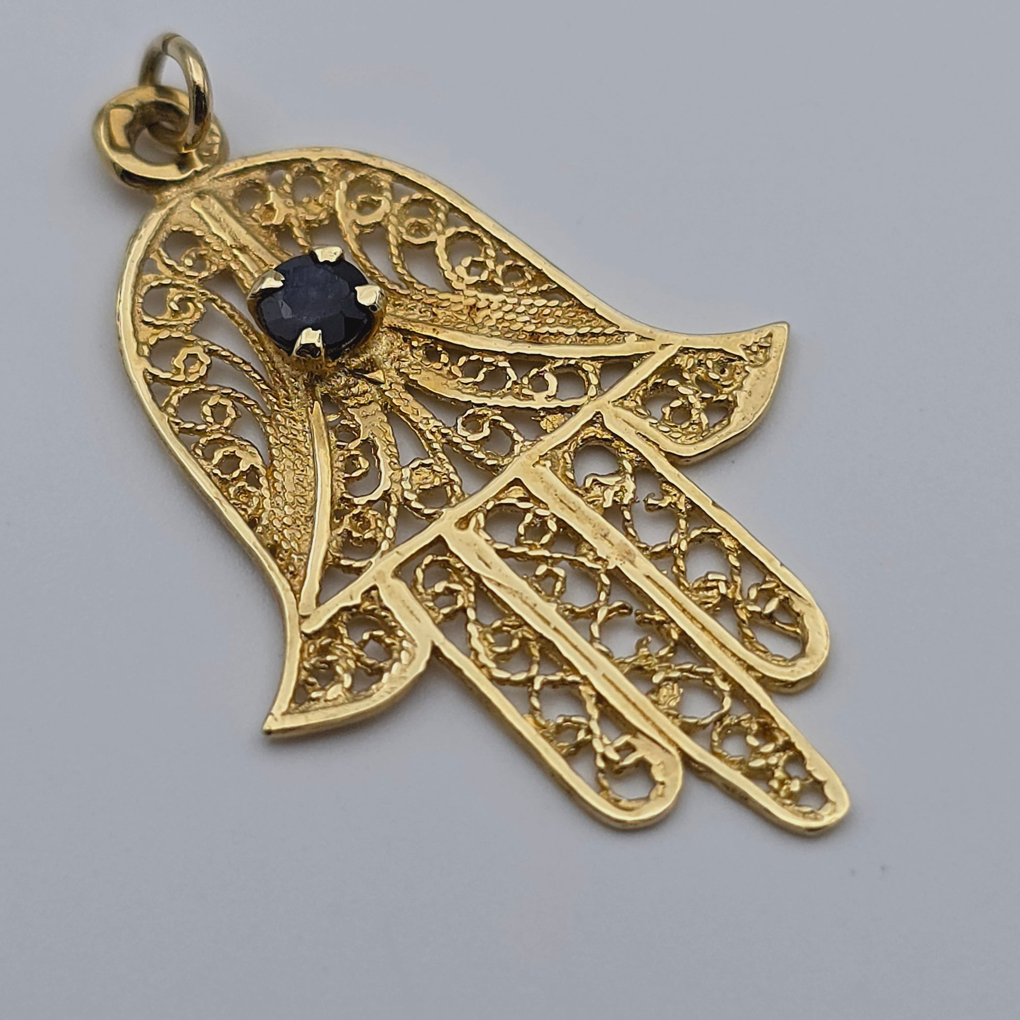 ANTIQUE 14K YELLOW GOLD HAMSA and SAPPHIRE