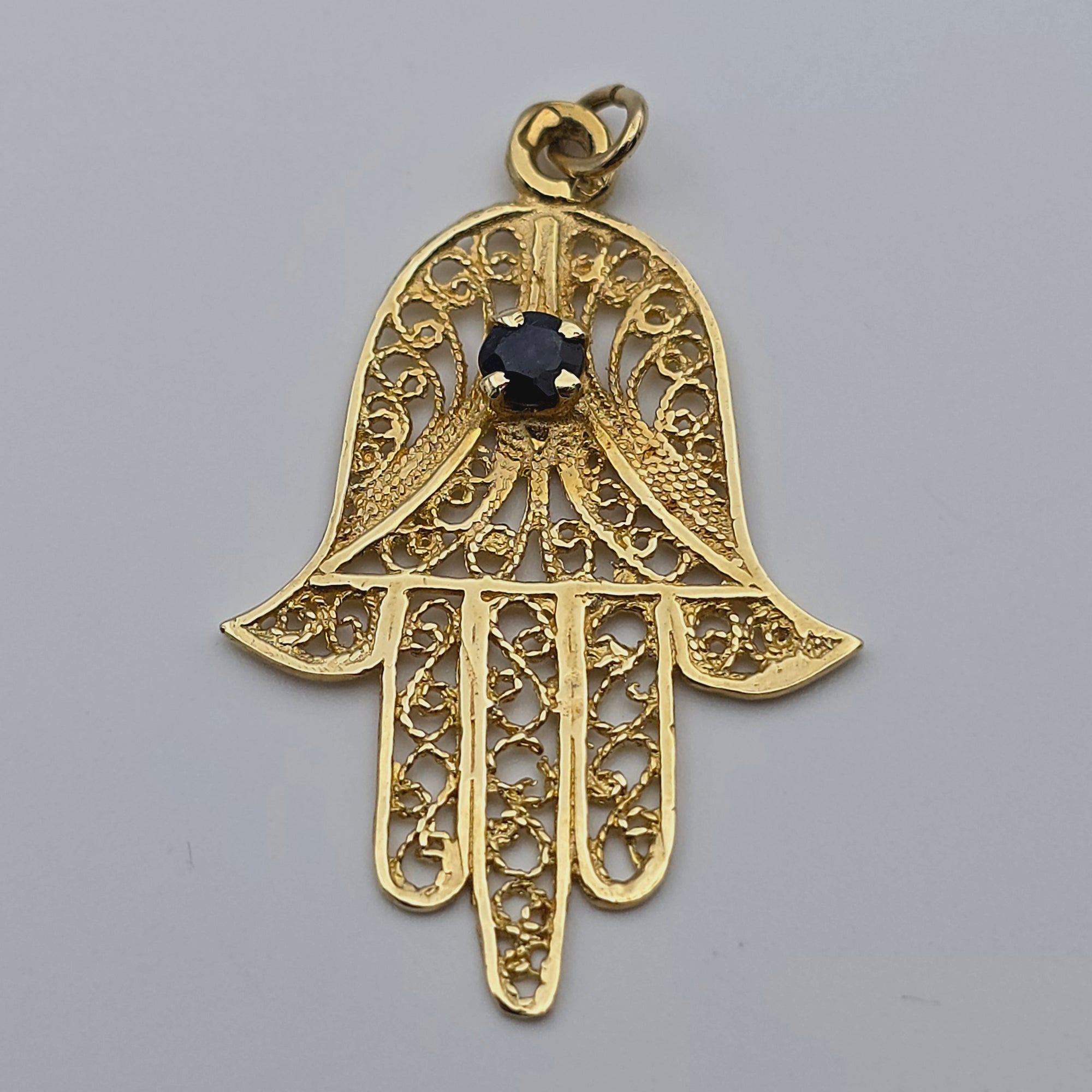 ANTIQUE 14K YELLOW GOLD HAMSA and SAPPHIRE