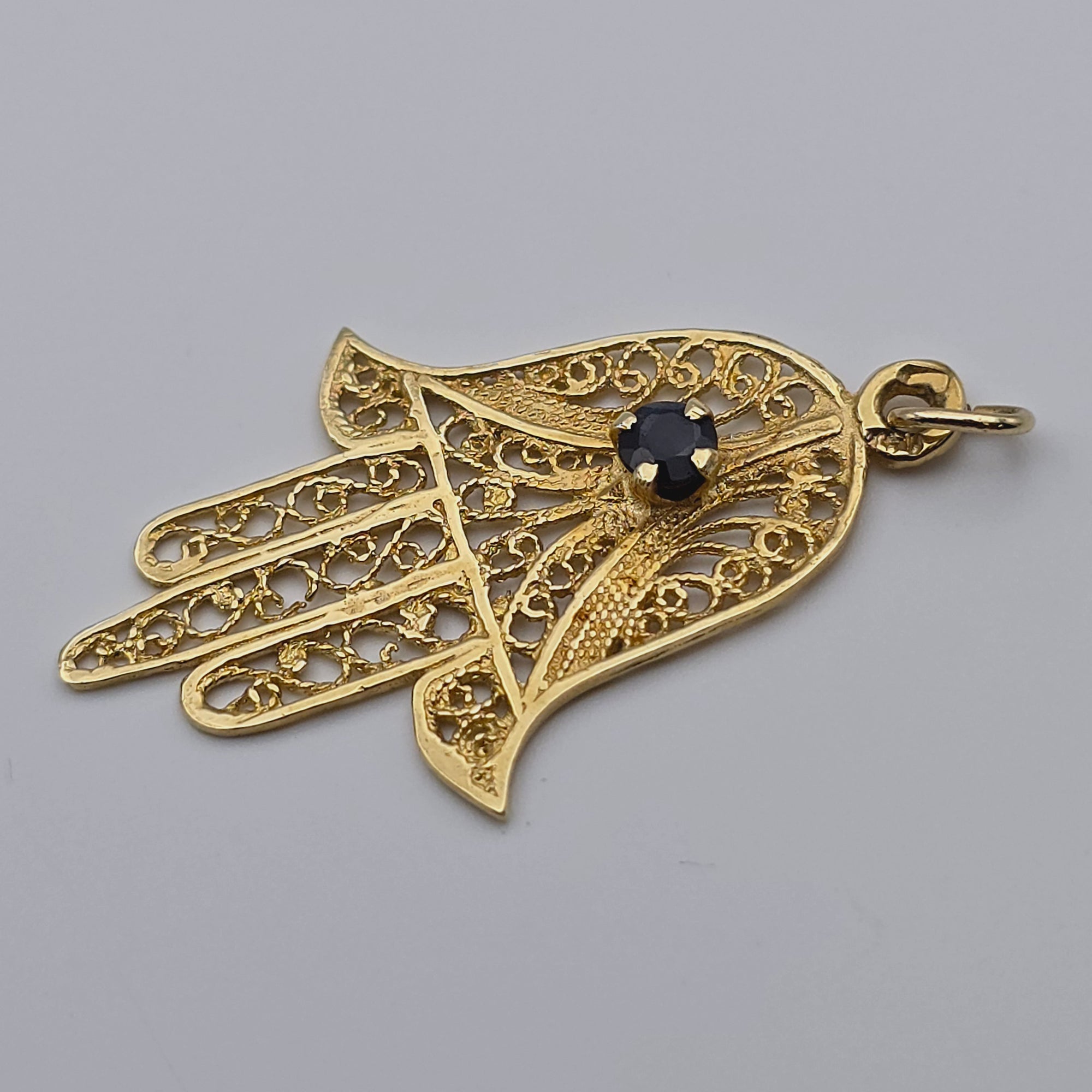 ANTIQUE 14K YELLOW GOLD HAMSA and SAPPHIRE