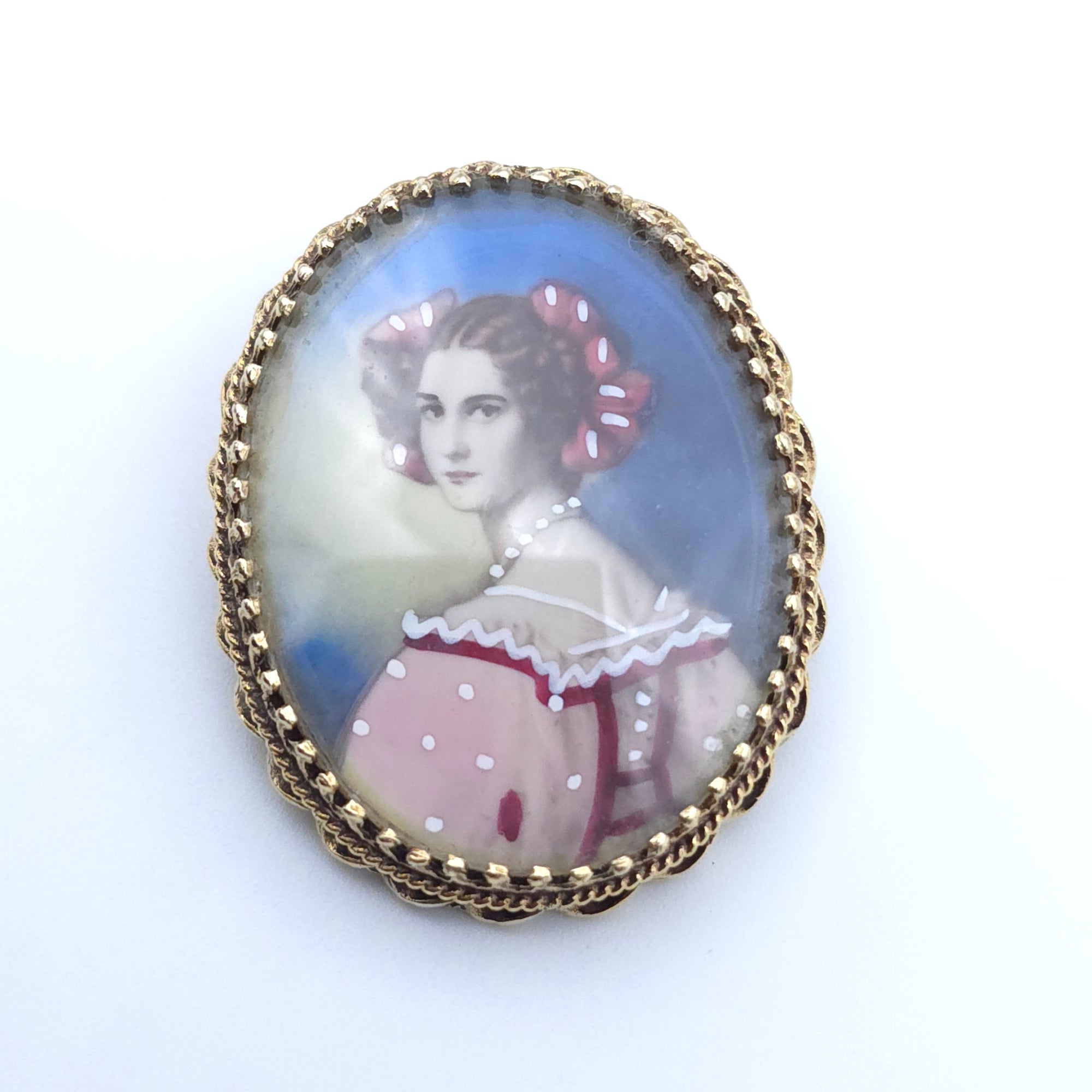 VICTORIAN ANTIQUE 14K YELLOW GOLD LADYS  PIN BROOCH PENDENT HAND PAINTED PORTRAIT