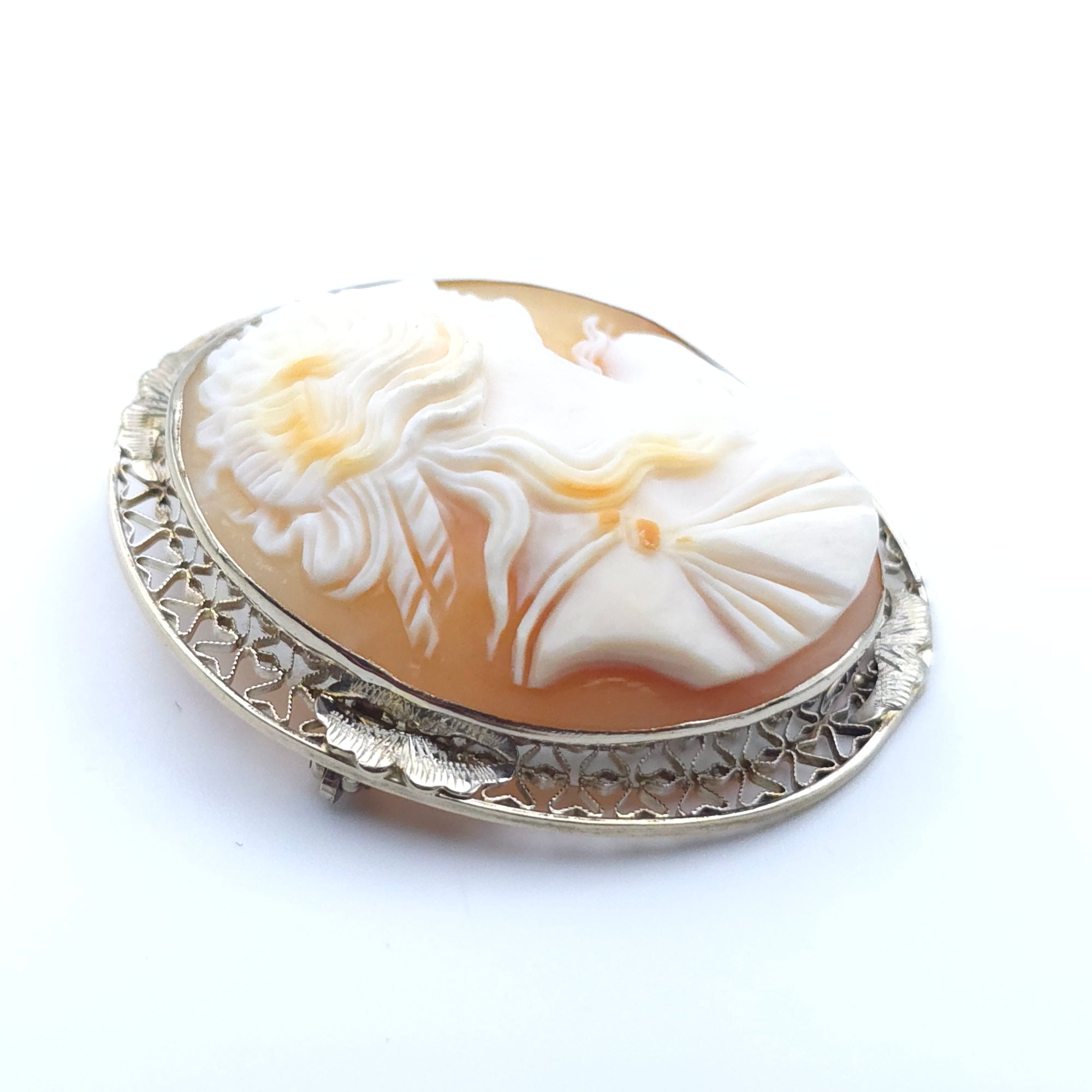ANTIQUE ART DECO CAMEO 14K WHITE GOLD LADYS PIN BROOCH PENDENT