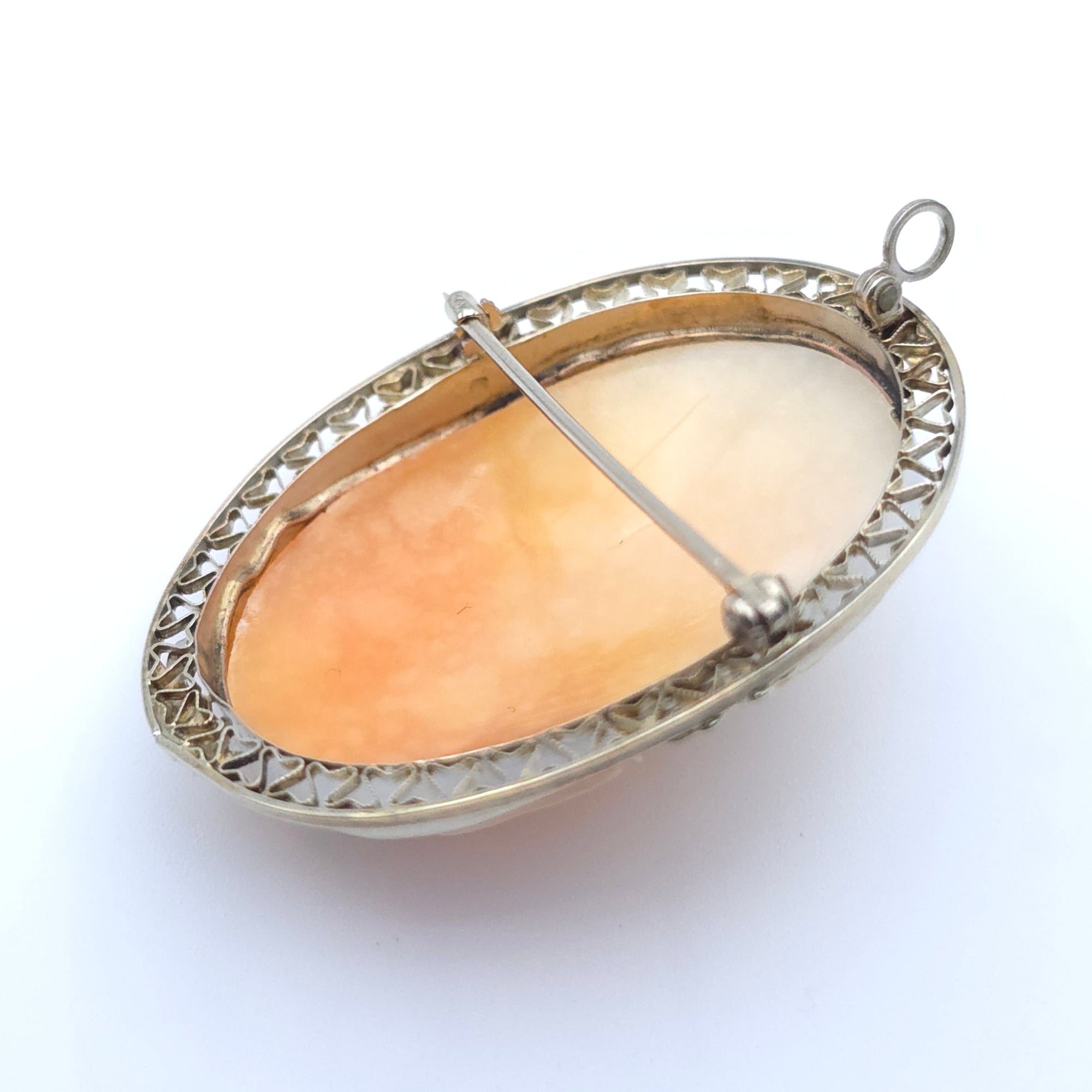 ANTIQUE ART DECO CAMEO 14K WHITE GOLD LADYS PIN BROOCH PENDENT