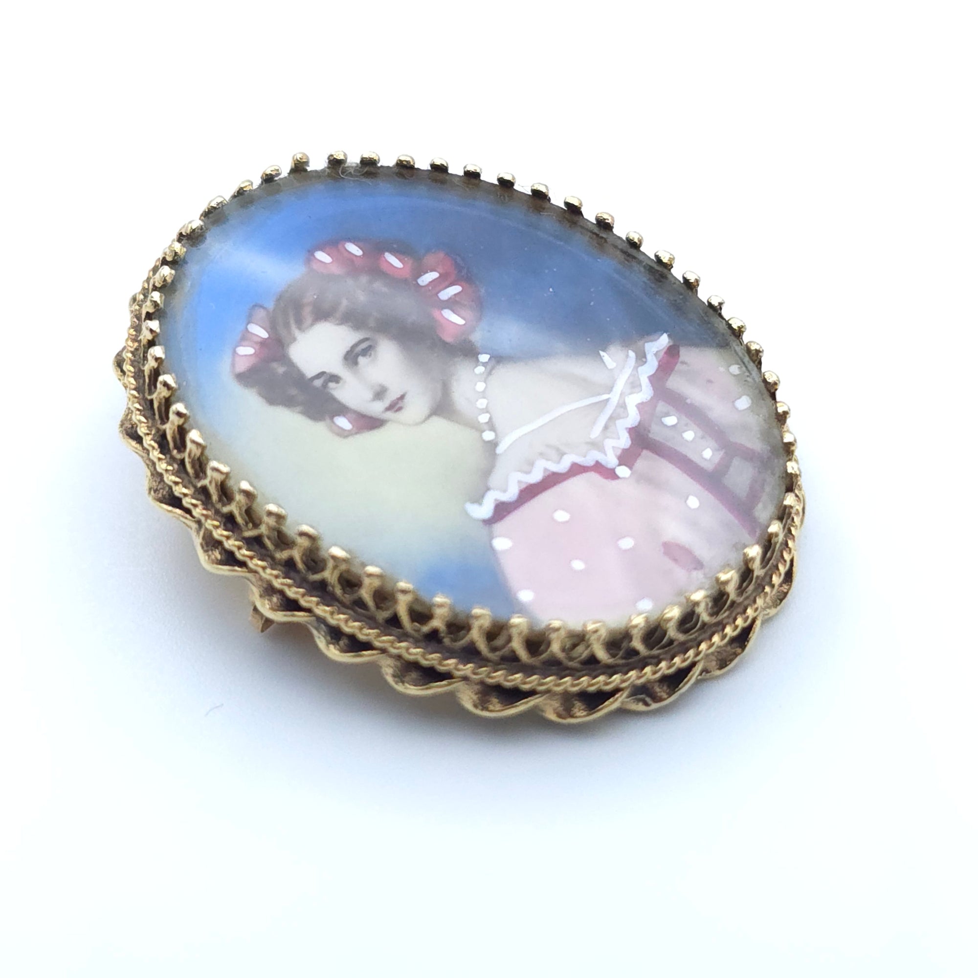 VICTORIAN ANTIQUE 14K YELLOW GOLD LADYS  PIN BROOCH PENDENT HAND PAINTED PORTRAIT