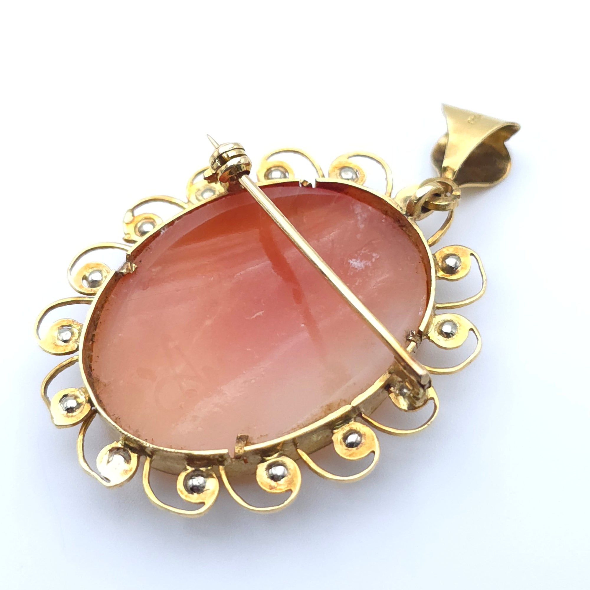 ANTIQUE CAMEO 14K YELLOW GOLD LADYS PIN BROOCH PENDENT