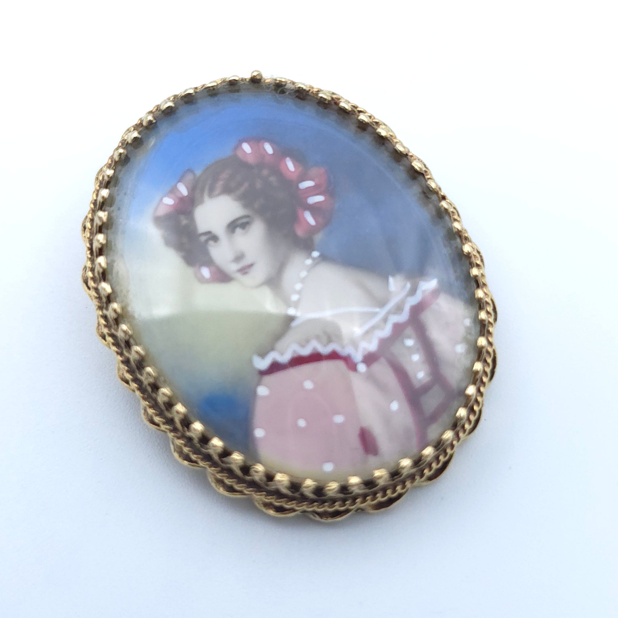 VICTORIAN ANTIQUE 14K YELLOW GOLD LADYS  PIN BROOCH PENDENT HAND PAINTED PORTRAIT