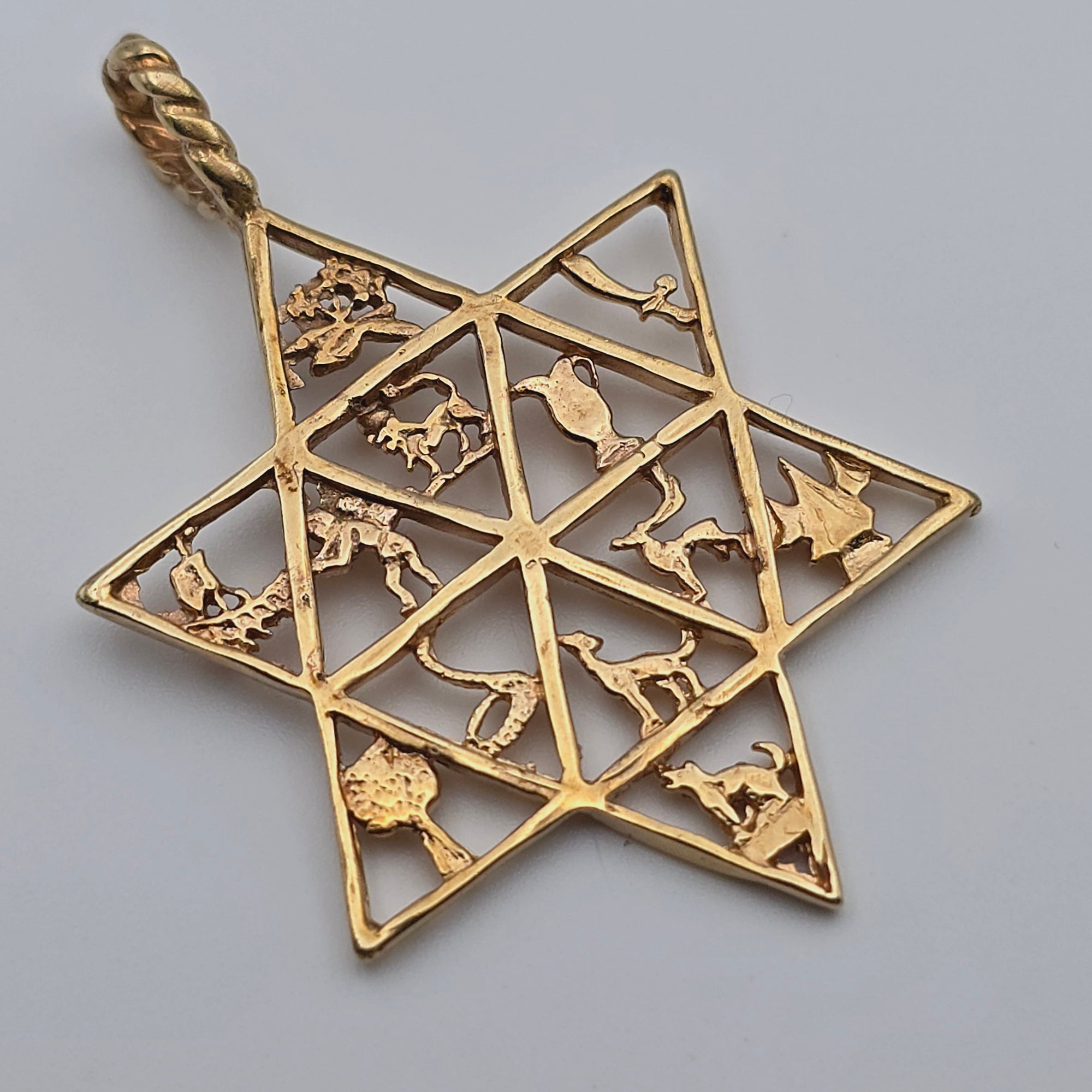 ANTIQUE 14K YELLOW GOLD JEWISH STAR 12 TRIBES