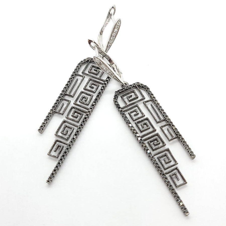 14K BLACK AND WHITE GOLD DIAMOND BLACK WHITE AND DIAMONDS EARRINGS GREEK KEY