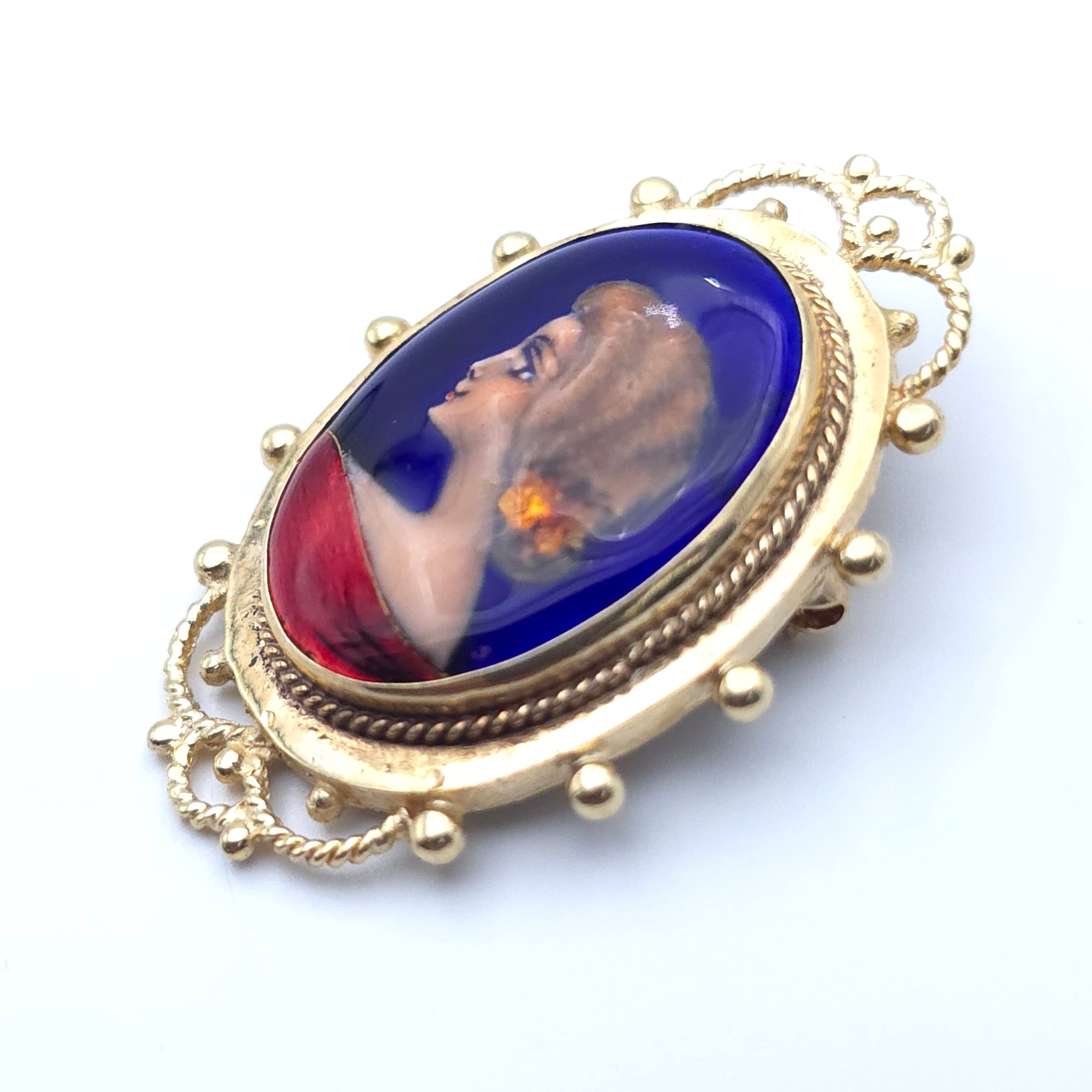 ANTIQUE CAMEO 14K YELLOW GOLD LADYS PIN BROOCH PENDENT PORCELAIN FRANCE