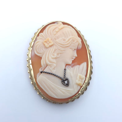 ANTIQUE DIAMOND NECKLACE CAMEO 14K YELLOW GOLD LADYS  PENDENT