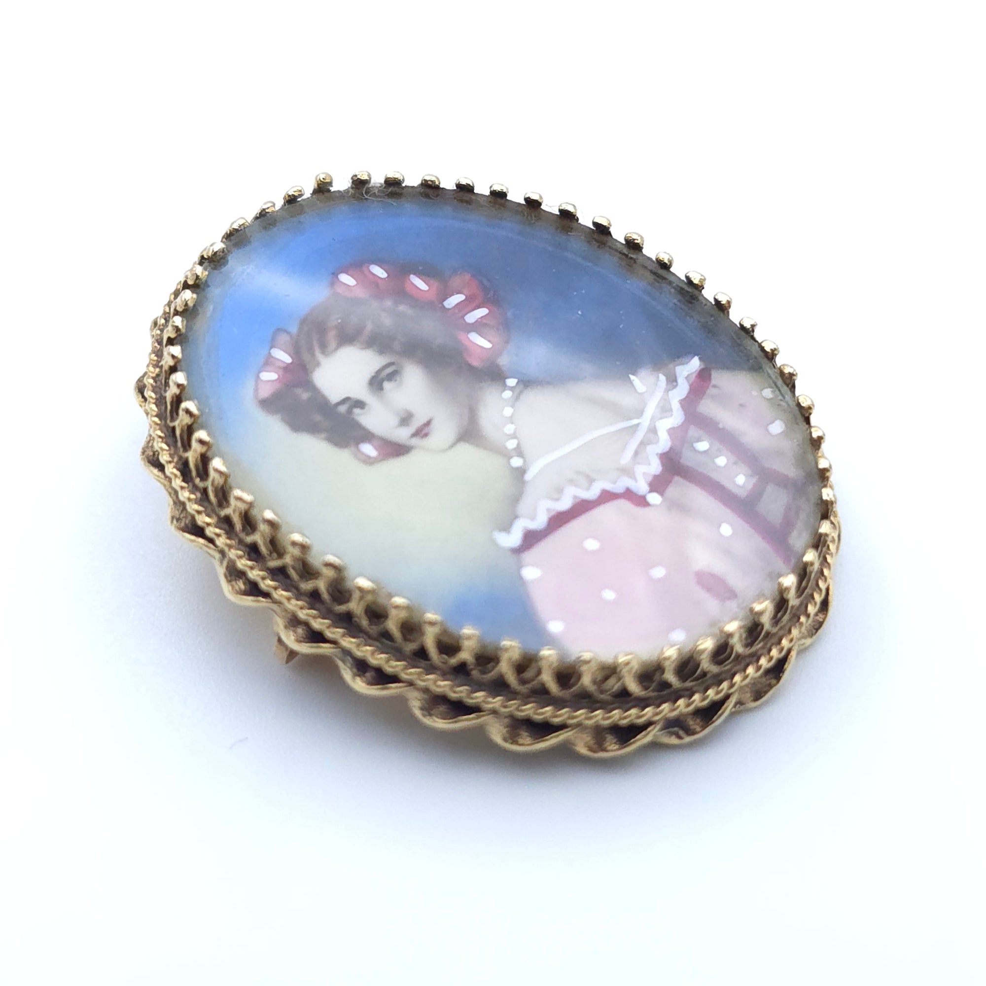 VICTORIAN ANTIQUE 14K YELLOW GOLD LADYS  PIN BROOCH PENDENT HAND PAINTED PORTRAIT