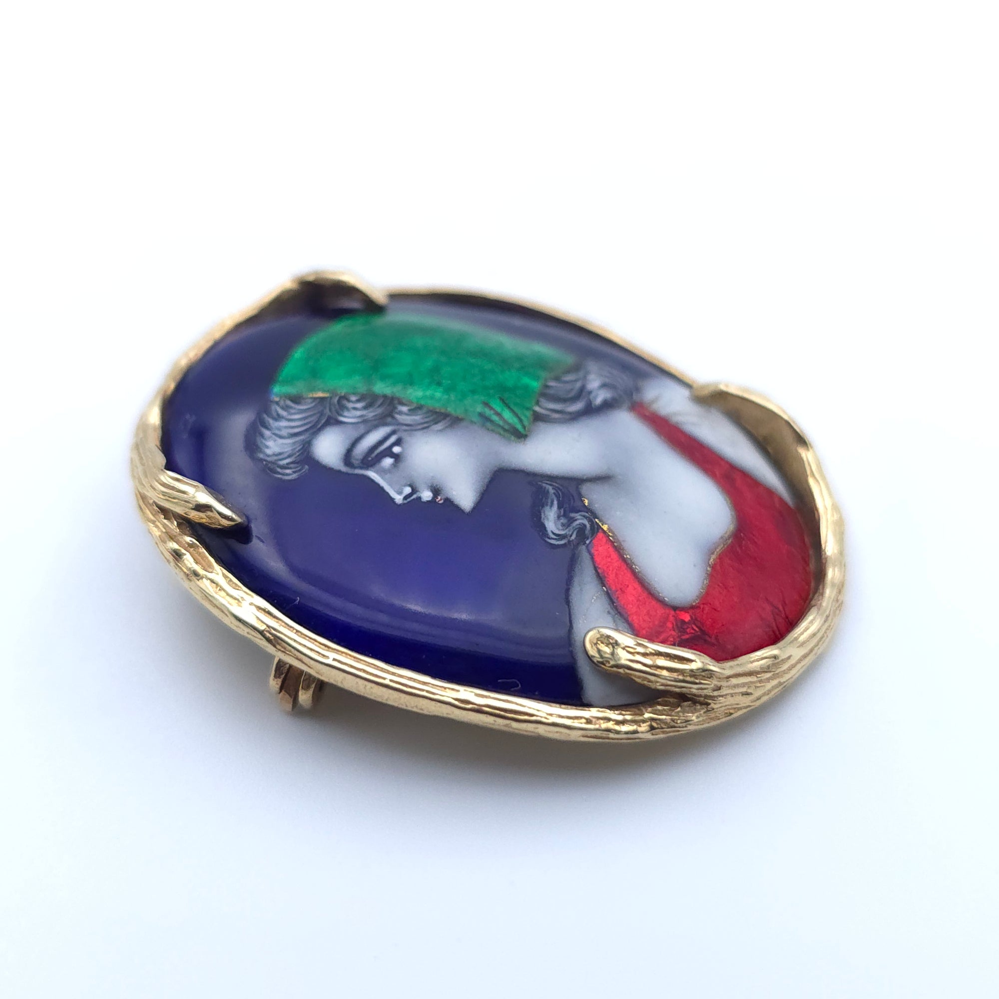 ANTIQUE 14K YELLOW GOLD LADYS PIN BROOCH HAND PAINTED PORTRAIT ON PORCELAIN FRANCE