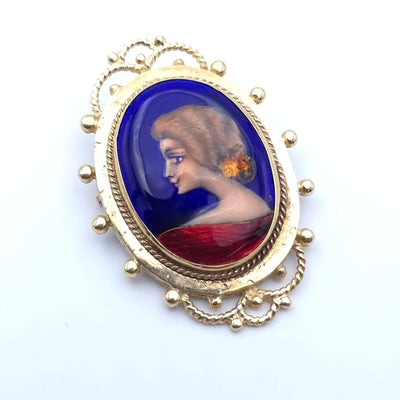 ANTIQUE CAMEO 14K YELLOW GOLD LADYS PIN BROOCH PENDENT PORCELAIN FRANCE