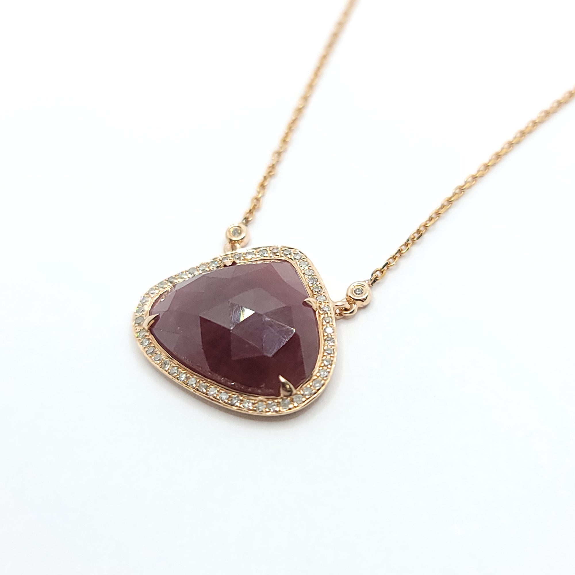 14K ROSE GOLD RUBY & DIAMONDS CHECKERBOARD  PENDANT AND CHAIN