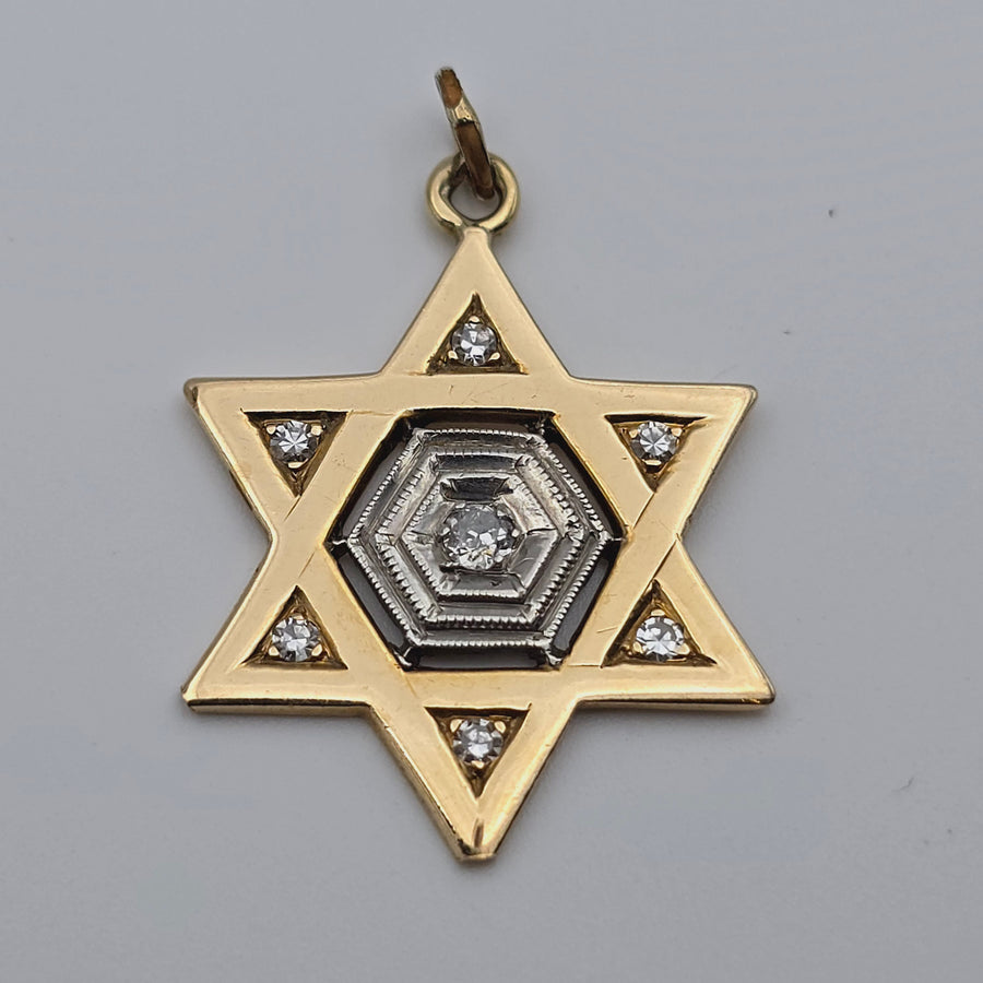 ANTIQUE 14K TWO TONE GOLD DIAMOND JEWISH STAR