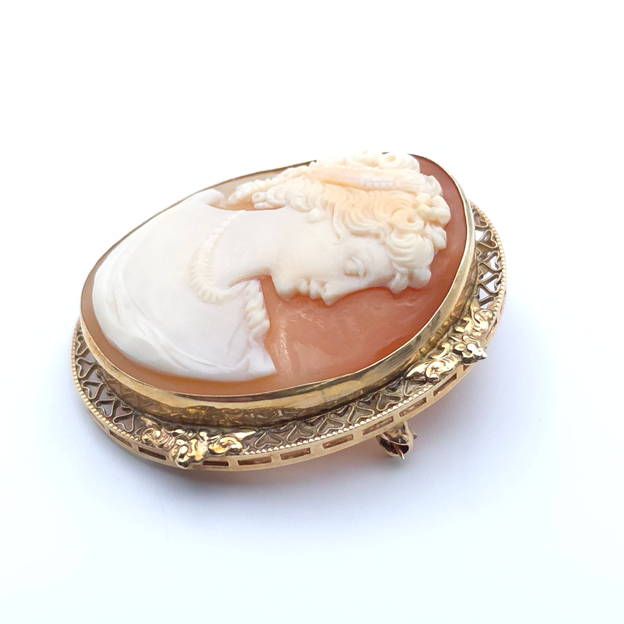 ANTIQUE ART DECO CAMEO 14K YELLOW GOLD LADYS PIN BROOCH PENDENT