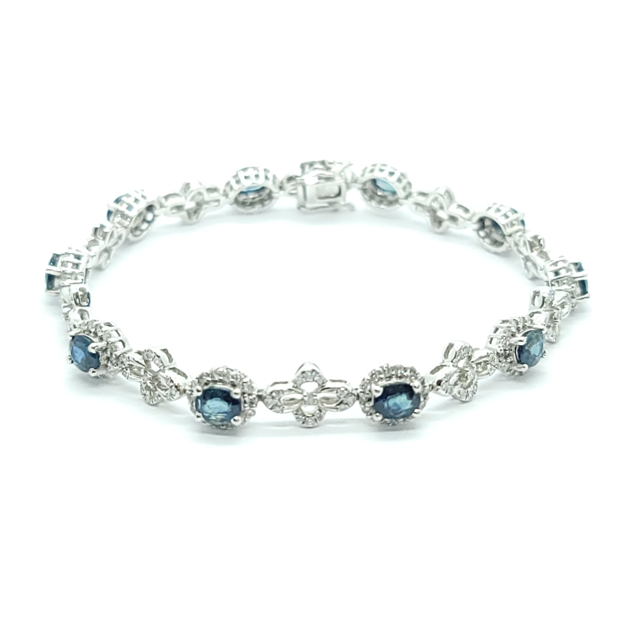 MODERN DIAMOND OVAL CUT TEAL  SAPPHIRE TENNIS BRACELET 18K WHITE GOLD LADIES