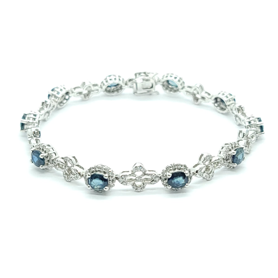 MODERN DIAMOND OVAL CUT TEAL  SAPPHIRE TENNIS BRACELET 18K WHITE GOLD LADIES