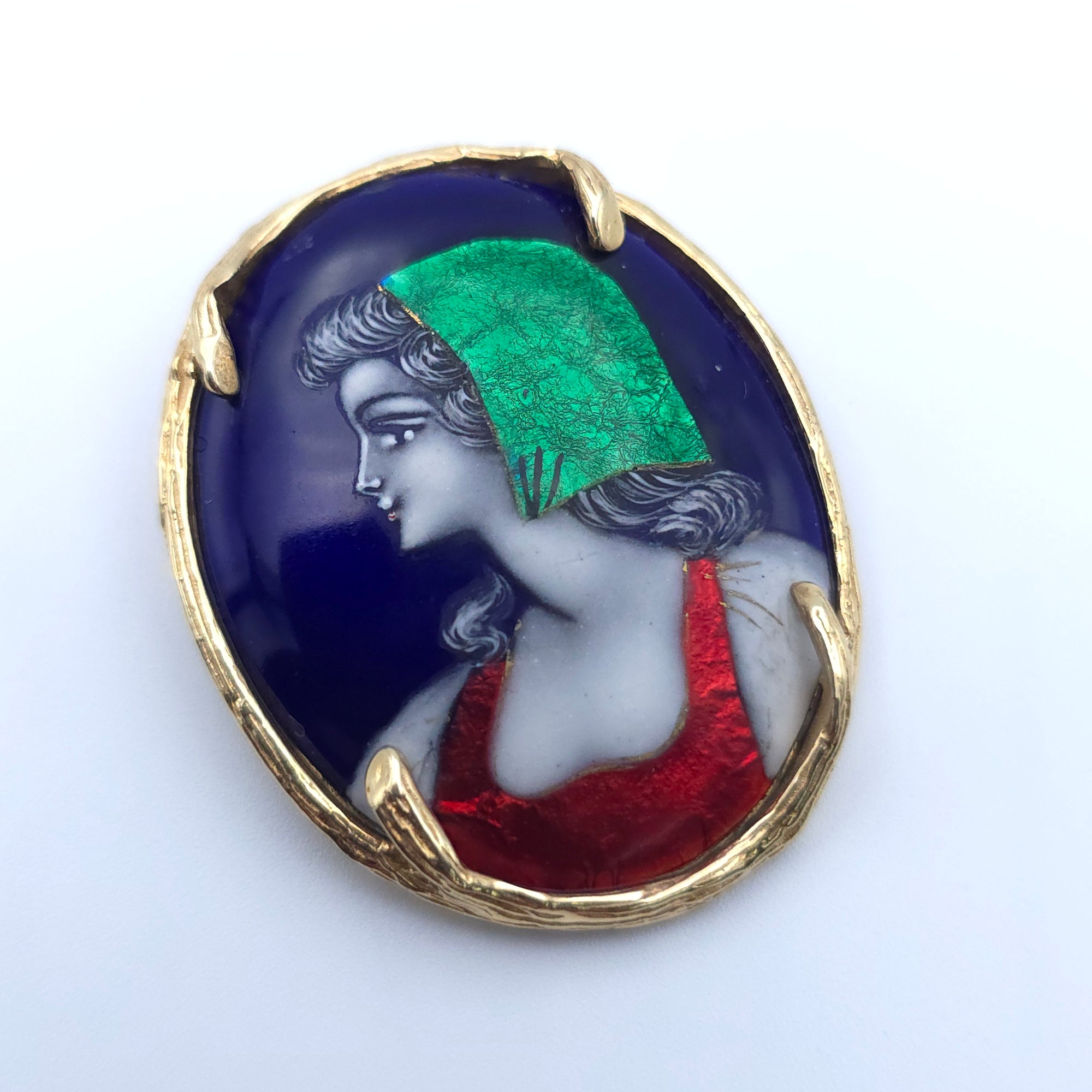 ANTIQUE 14K YELLOW GOLD LADYS PIN BROOCH HAND PAINTED PORTRAIT ON PORCELAIN FRANCE