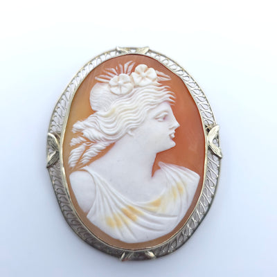 ANTIQUE ART DECO CAMEO 14K WHITE GOLD LADYS PIN BROOCH PENDENT