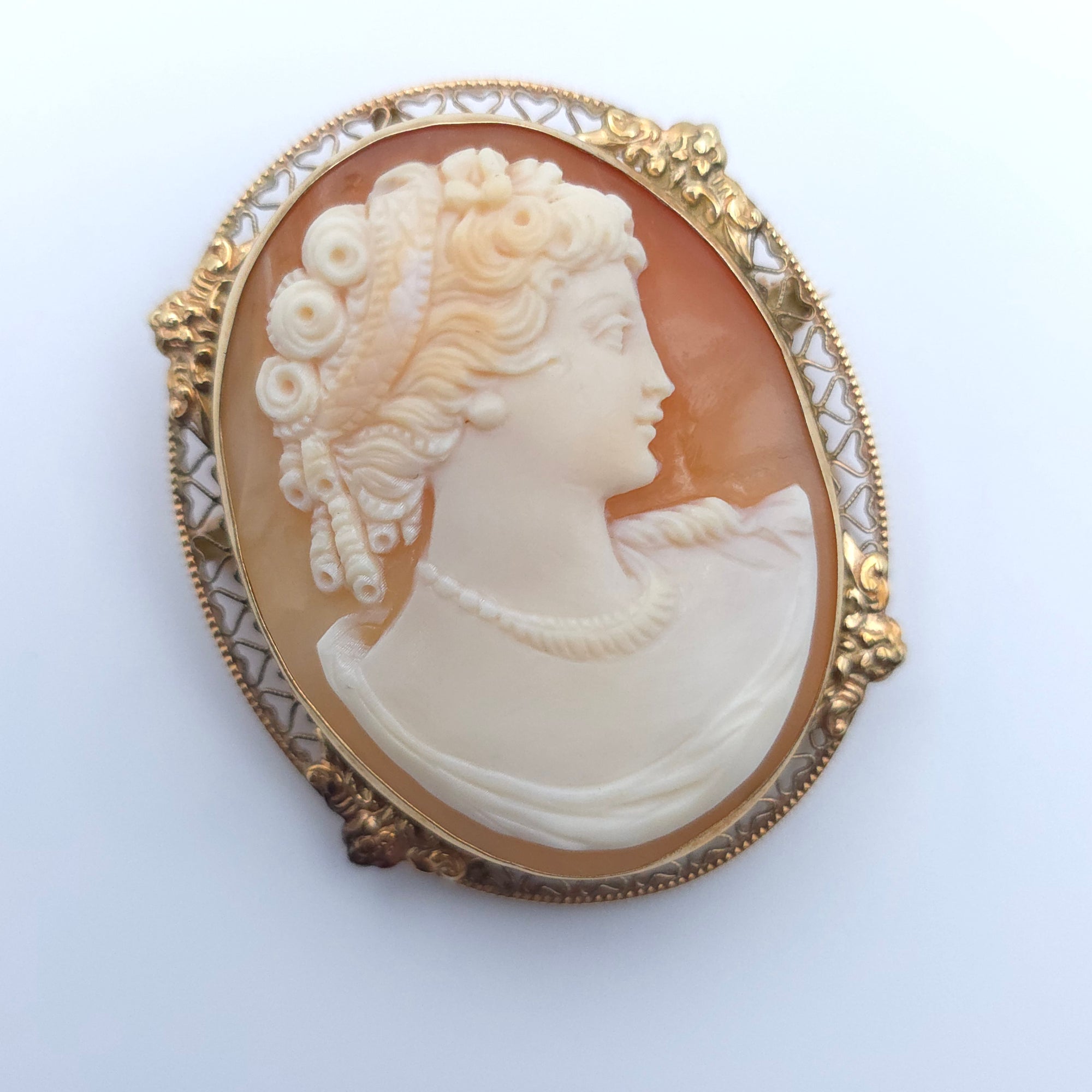 ANTIQUE ART DECO CAMEO 14K YELLOW GOLD LADYS PIN BROOCH PENDENT