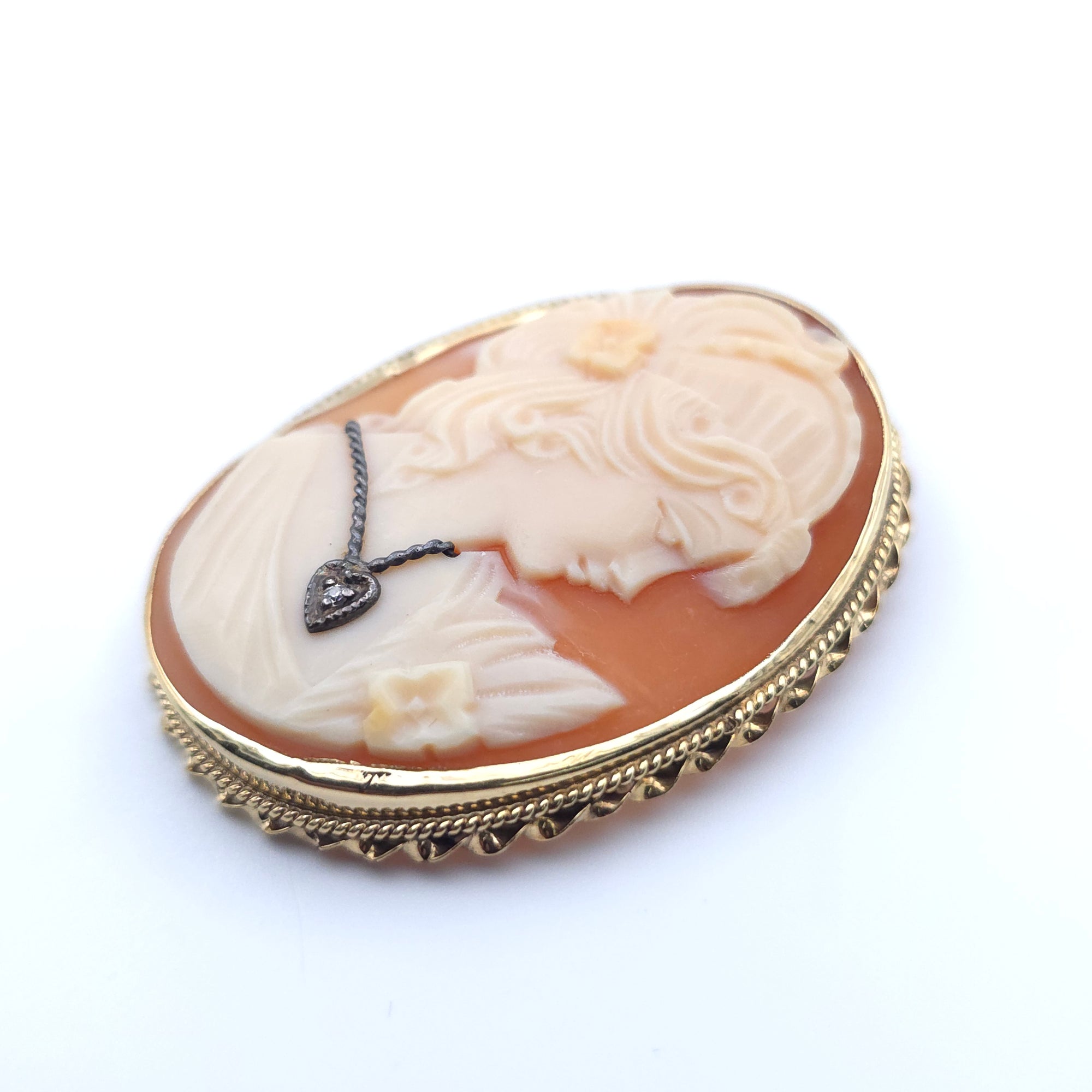ANTIQUE DIAMOND NECKLACE CAMEO 14K YELLOW GOLD LADYS  PENDENT