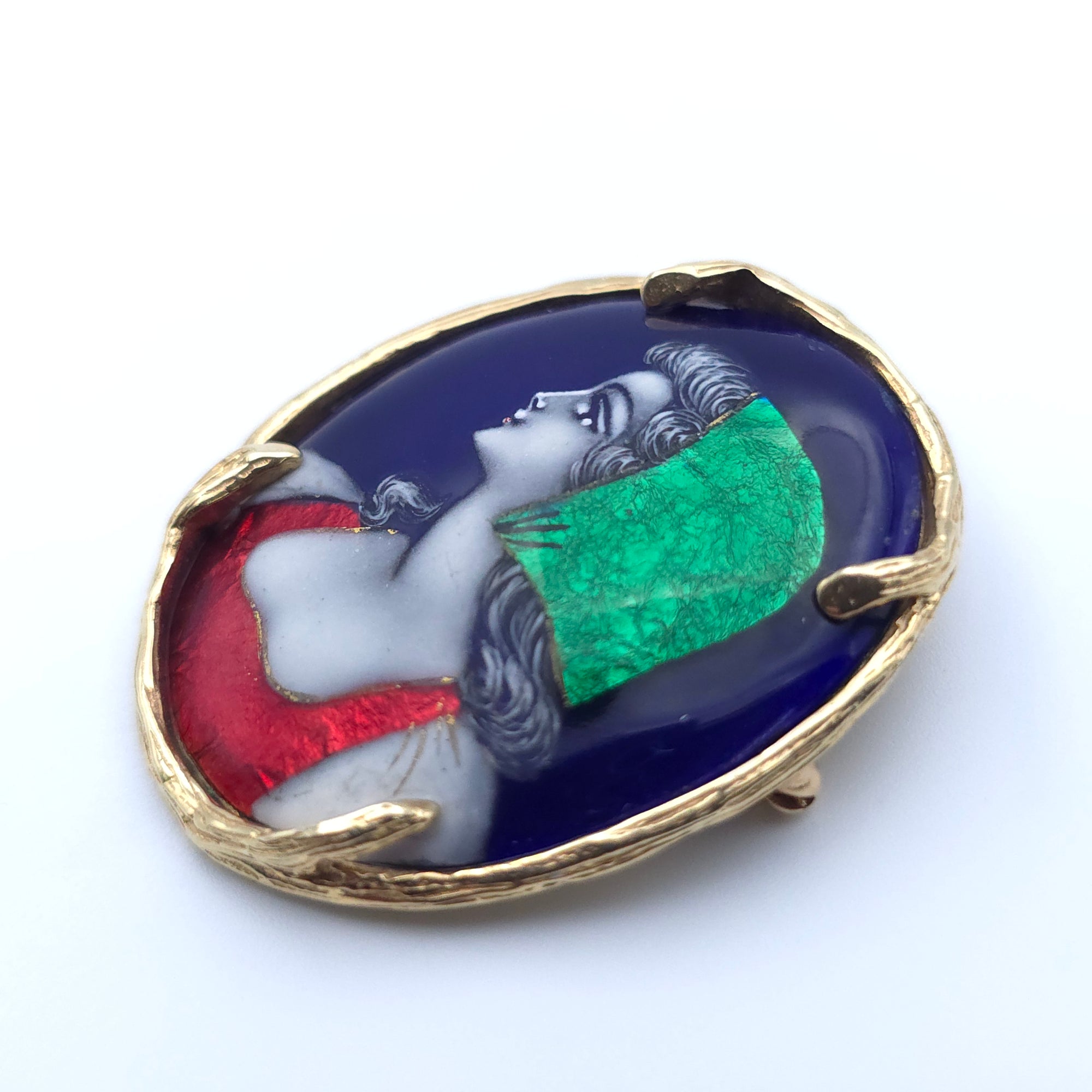 ANTIQUE 14K YELLOW GOLD LADYS PIN BROOCH HAND PAINTED PORTRAIT ON PORCELAIN FRANCE