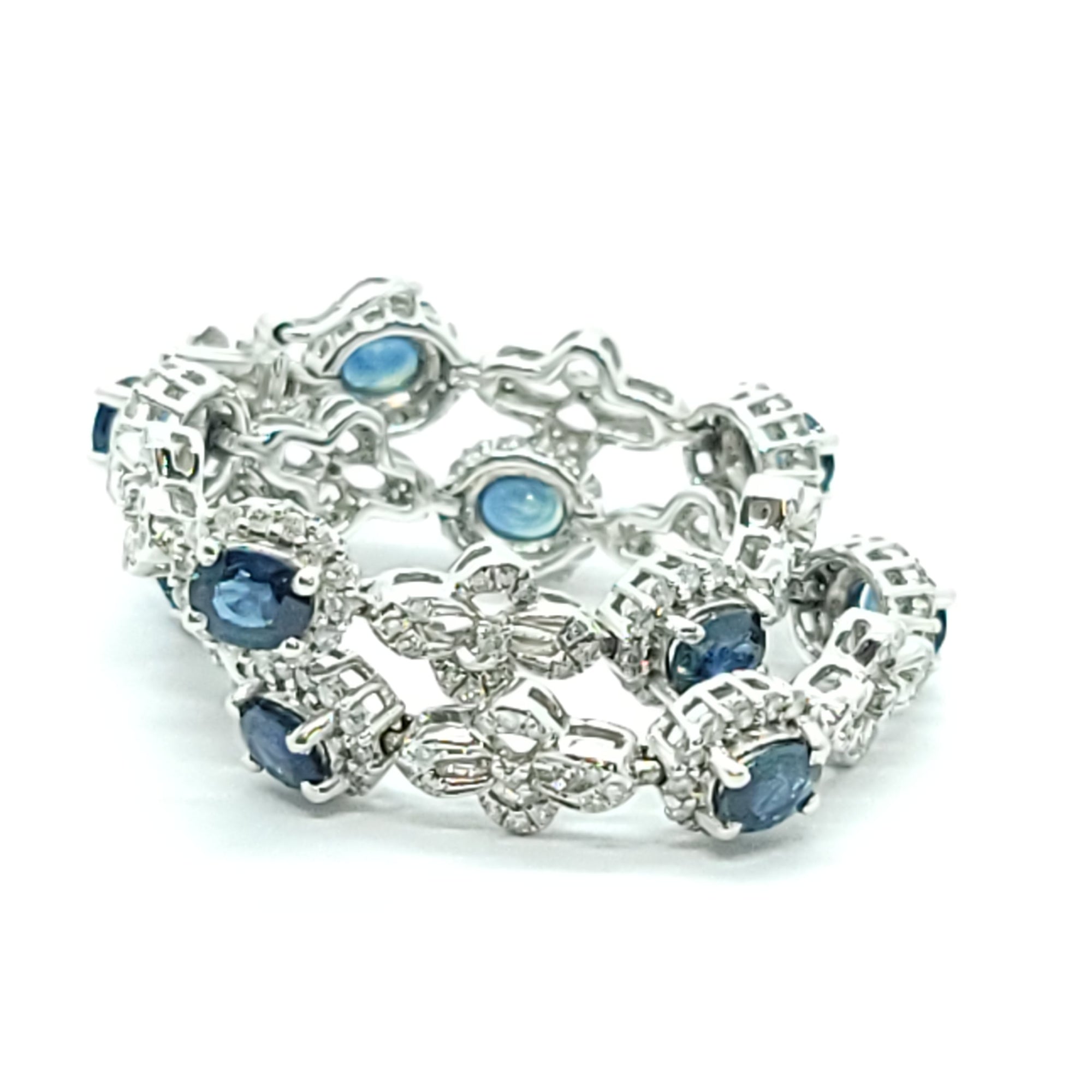 MODERN DIAMOND OVAL CUT TEAL  SAPPHIRE TENNIS BRACELET 18K WHITE GOLD LADIES