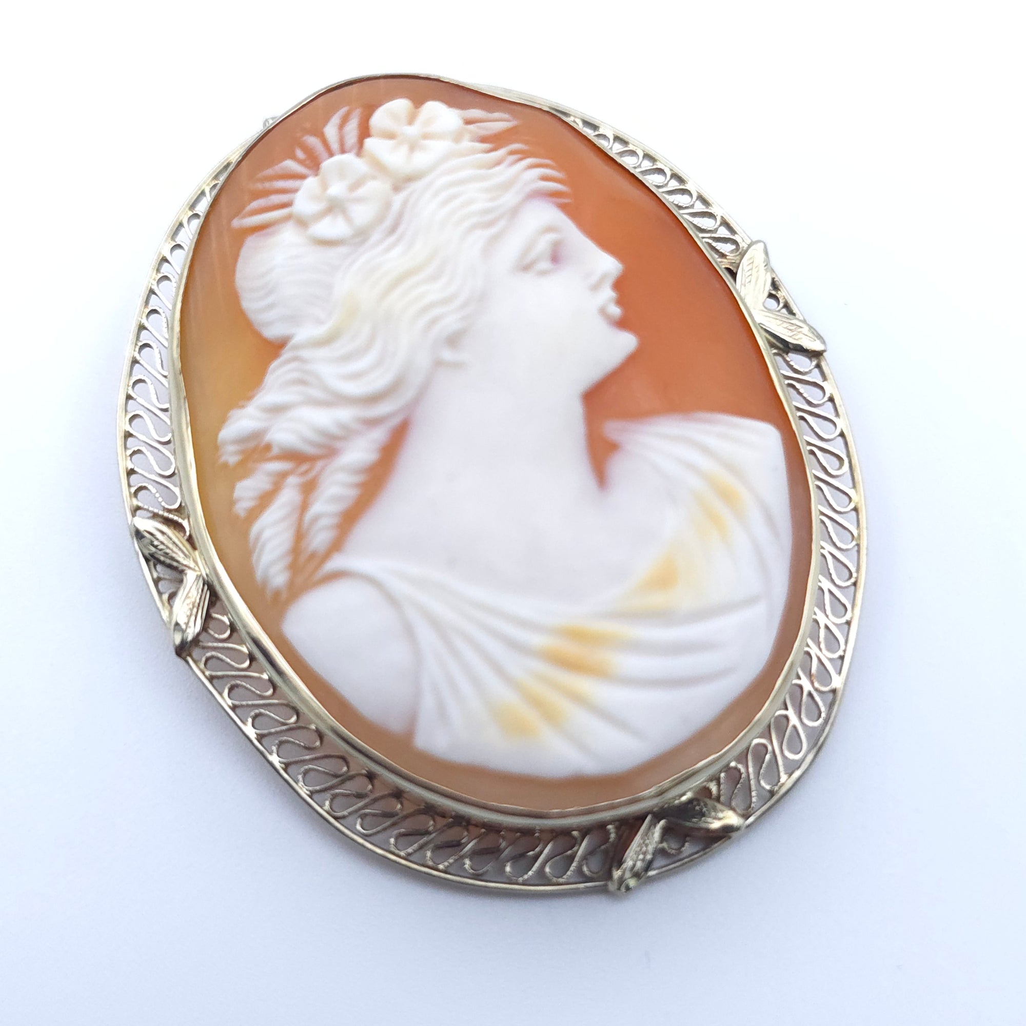 ANTIQUE ART DECO CAMEO 14K WHITE GOLD LADYS PIN BROOCH PENDENT