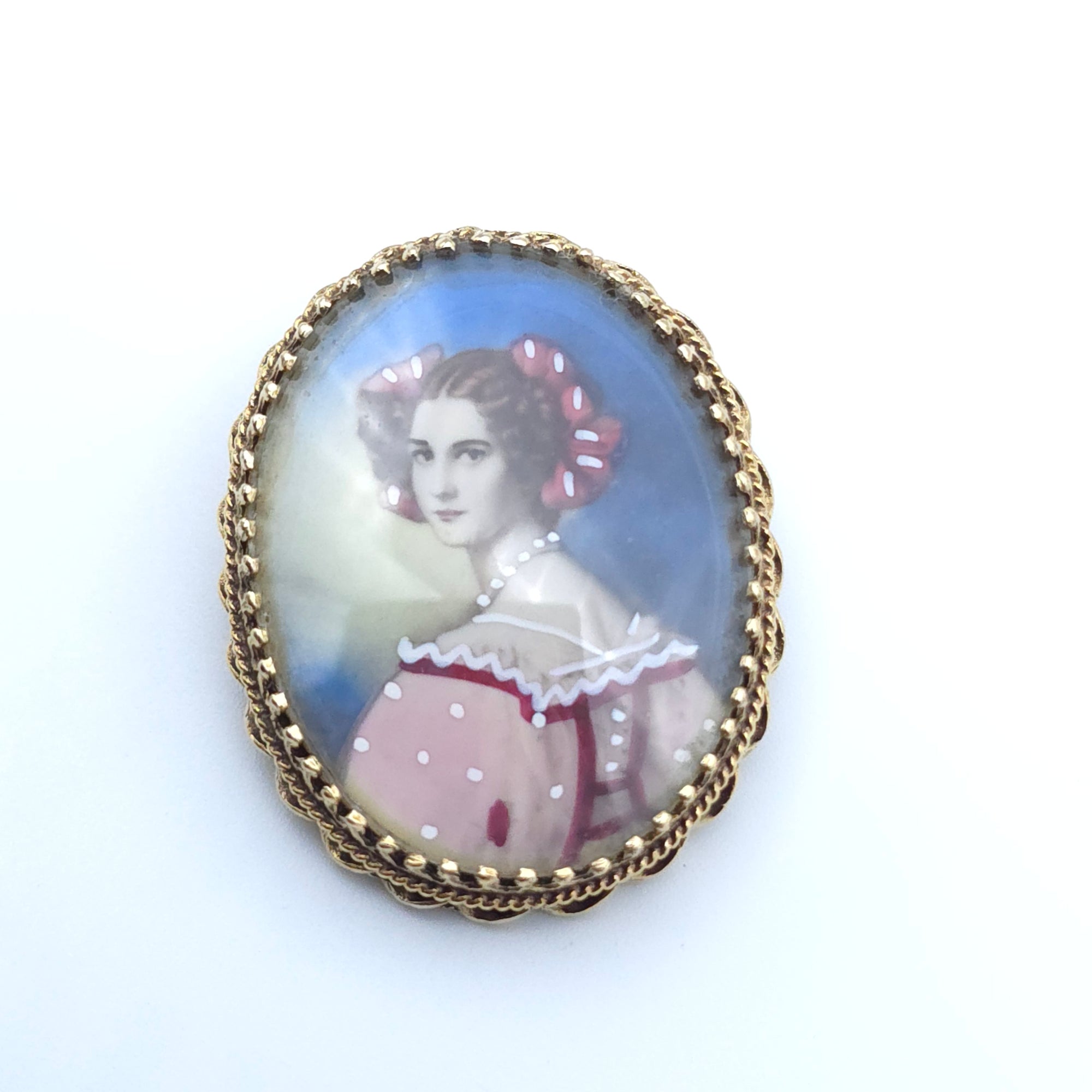 VICTORIAN ANTIQUE 14K YELLOW GOLD LADYS  PIN BROOCH PENDENT HAND PAINTED PORTRAIT