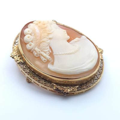 ANTIQUE ART DECO CAMEO 14K YELLOW GOLD LADYS PIN BROOCH PENDENT