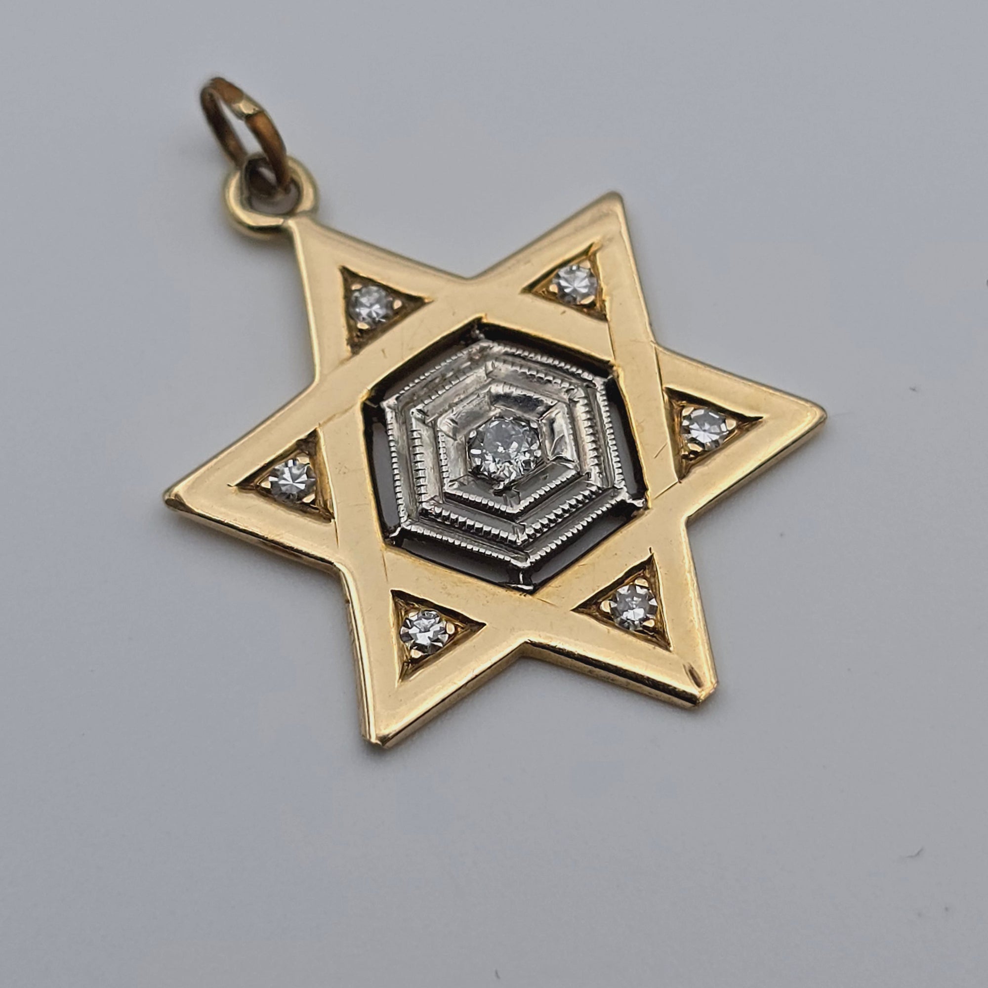 ANTIQUE 14K TWO TONE GOLD DIAMOND JEWISH STAR