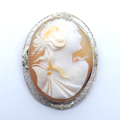 ANTIQUE ART DECO CAMEO 14K WHITE GOLD LADYS PIN BROOCH PENDENT