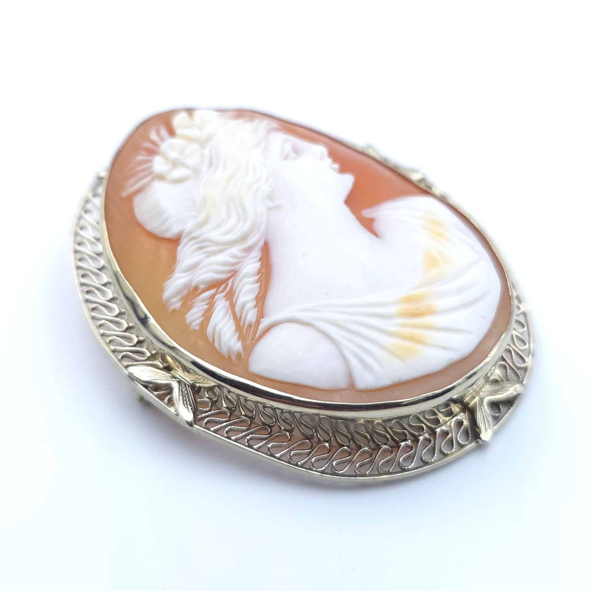 ANTIQUE ART DECO CAMEO 14K WHITE GOLD LADYS PIN BROOCH PENDENT
