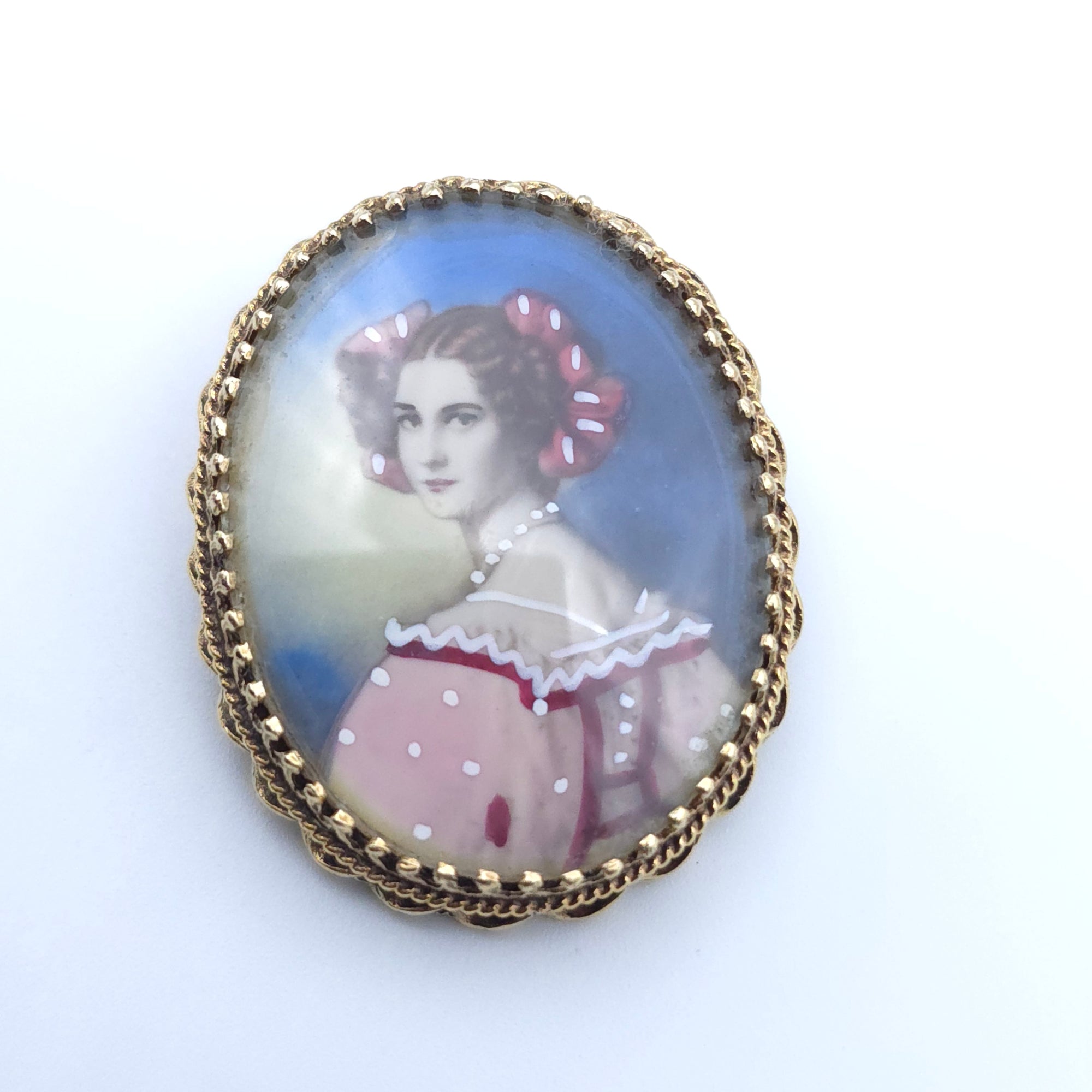 VICTORIAN ANTIQUE 14K YELLOW GOLD LADYS  PIN BROOCH PENDENT HAND PAINTED PORTRAIT