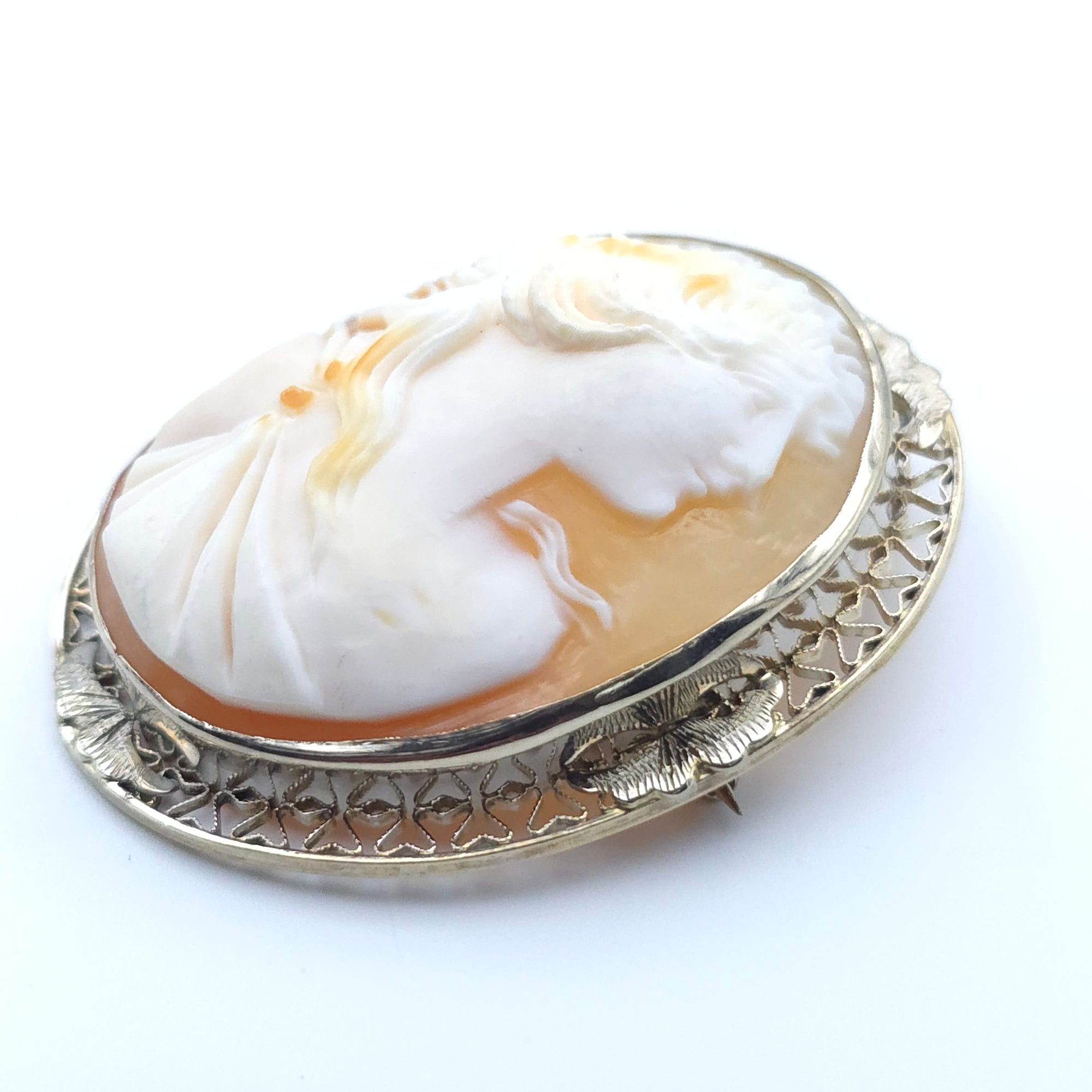 ANTIQUE ART DECO CAMEO 14K WHITE GOLD LADYS PIN BROOCH PENDENT