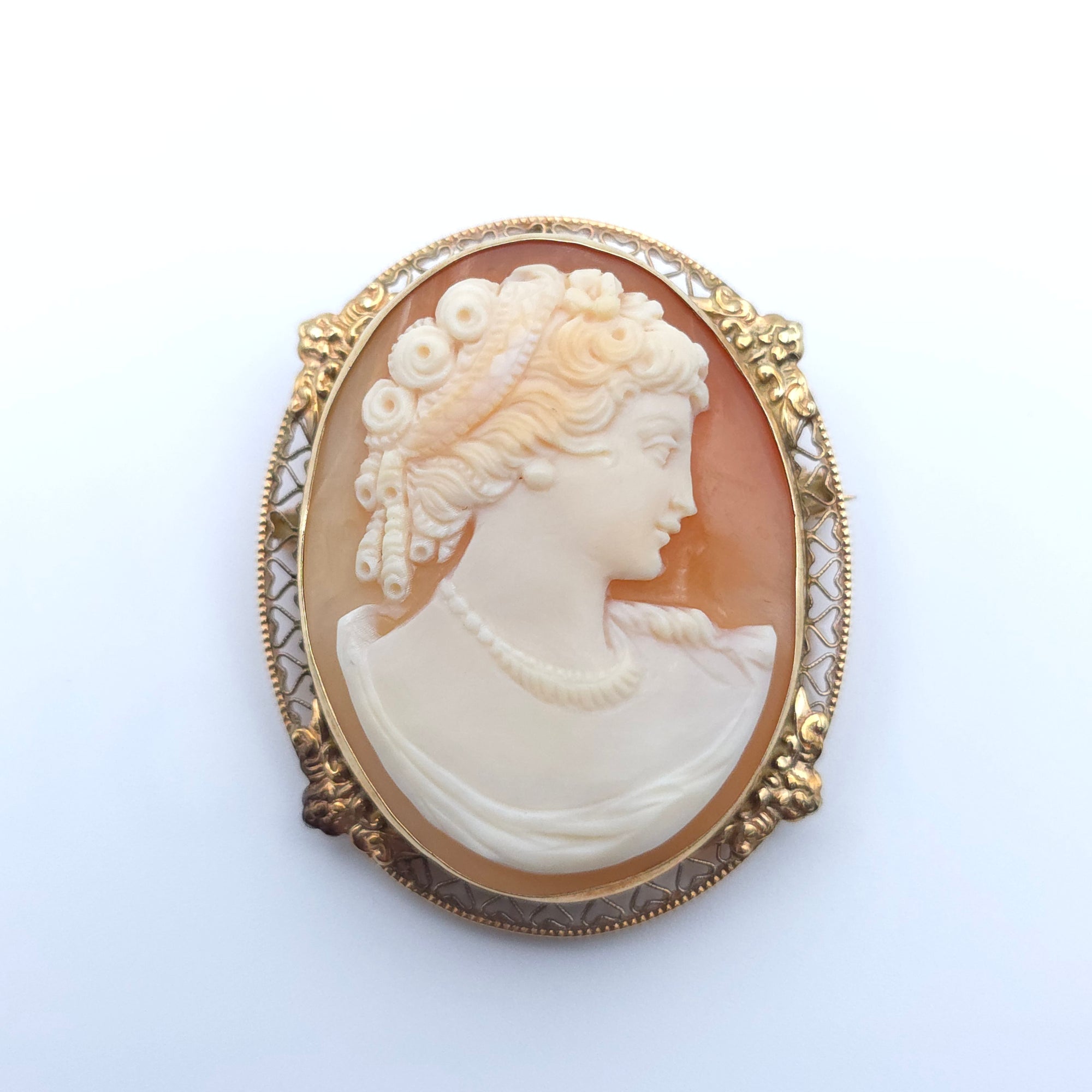 ANTIQUE ART DECO CAMEO 14K YELLOW GOLD LADYS PIN BROOCH PENDENT