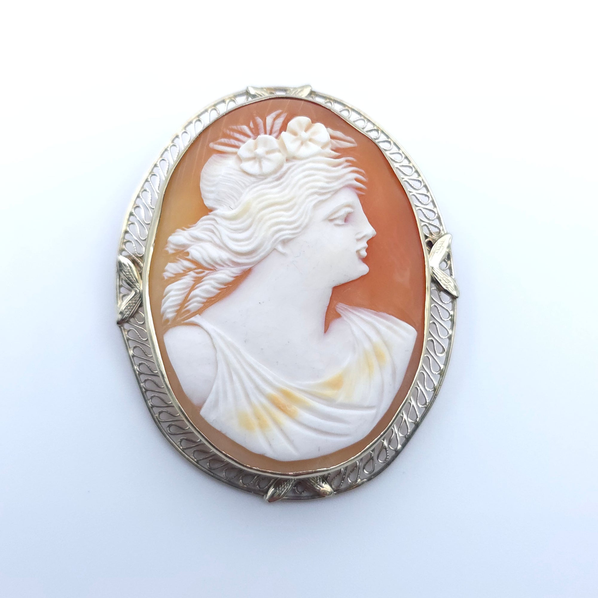 ANTIQUE ART DECO CAMEO 14K WHITE GOLD LADYS PIN BROOCH PENDENT
