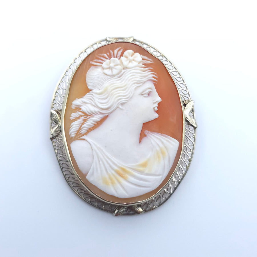ANTIQUE ART DECO CAMEO 14K WHITE GOLD LADYS PIN BROOCH PENDENT