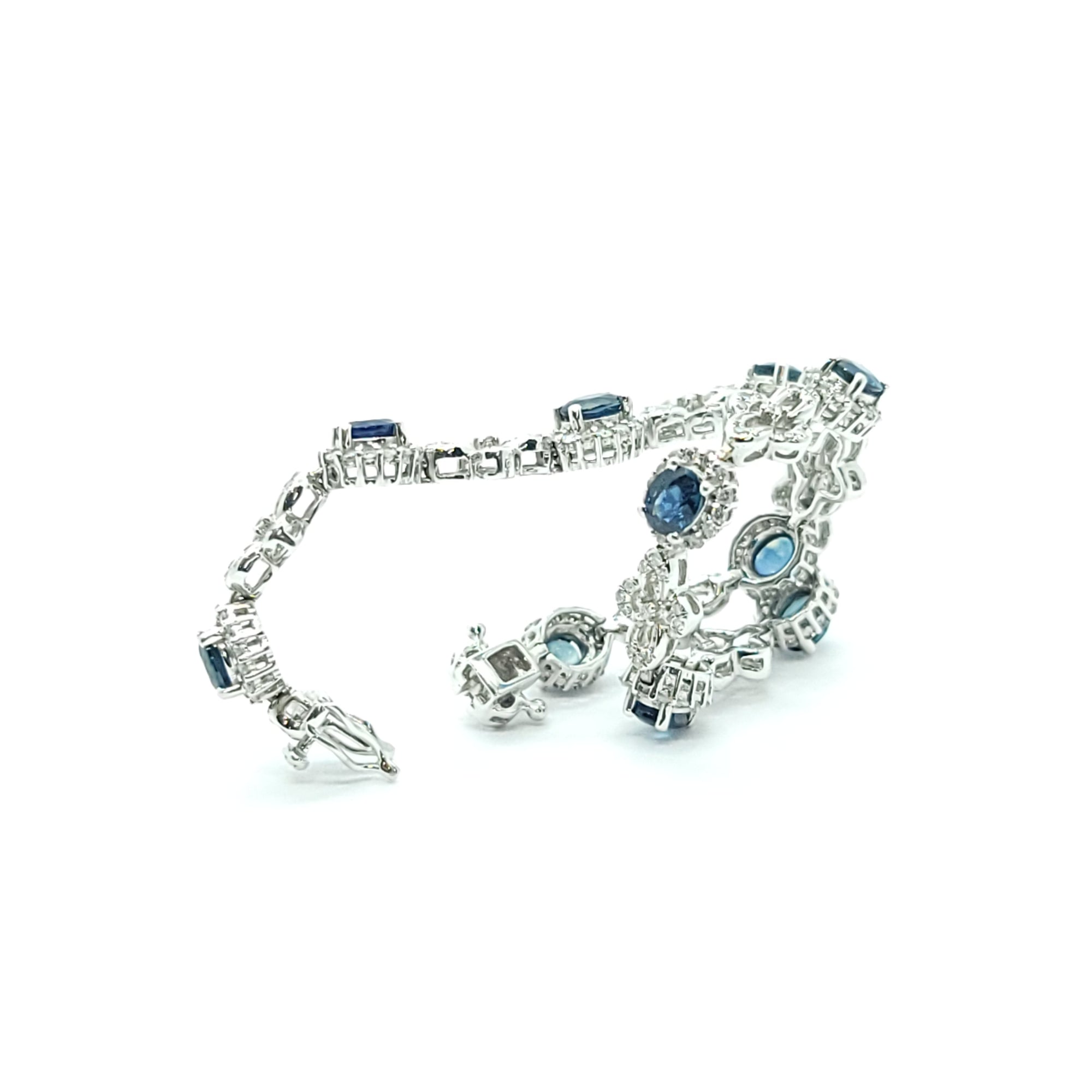 MODERN DIAMOND OVAL CUT TEAL  SAPPHIRE TENNIS BRACELET 18K WHITE GOLD LADIES
