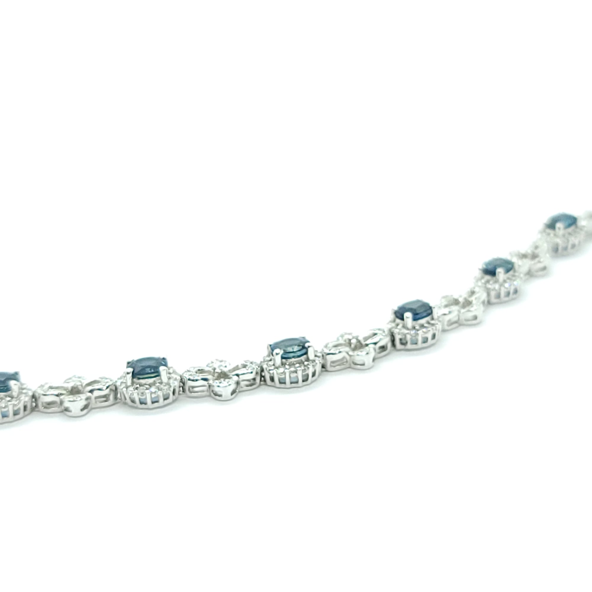 MODERN DIAMOND OVAL CUT TEAL  SAPPHIRE TENNIS BRACELET 18K WHITE GOLD LADIES